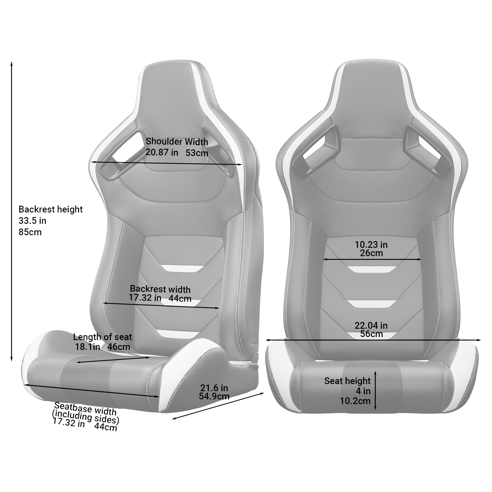 Grey racing chair with white accents cm shoulder width cm backrest height
