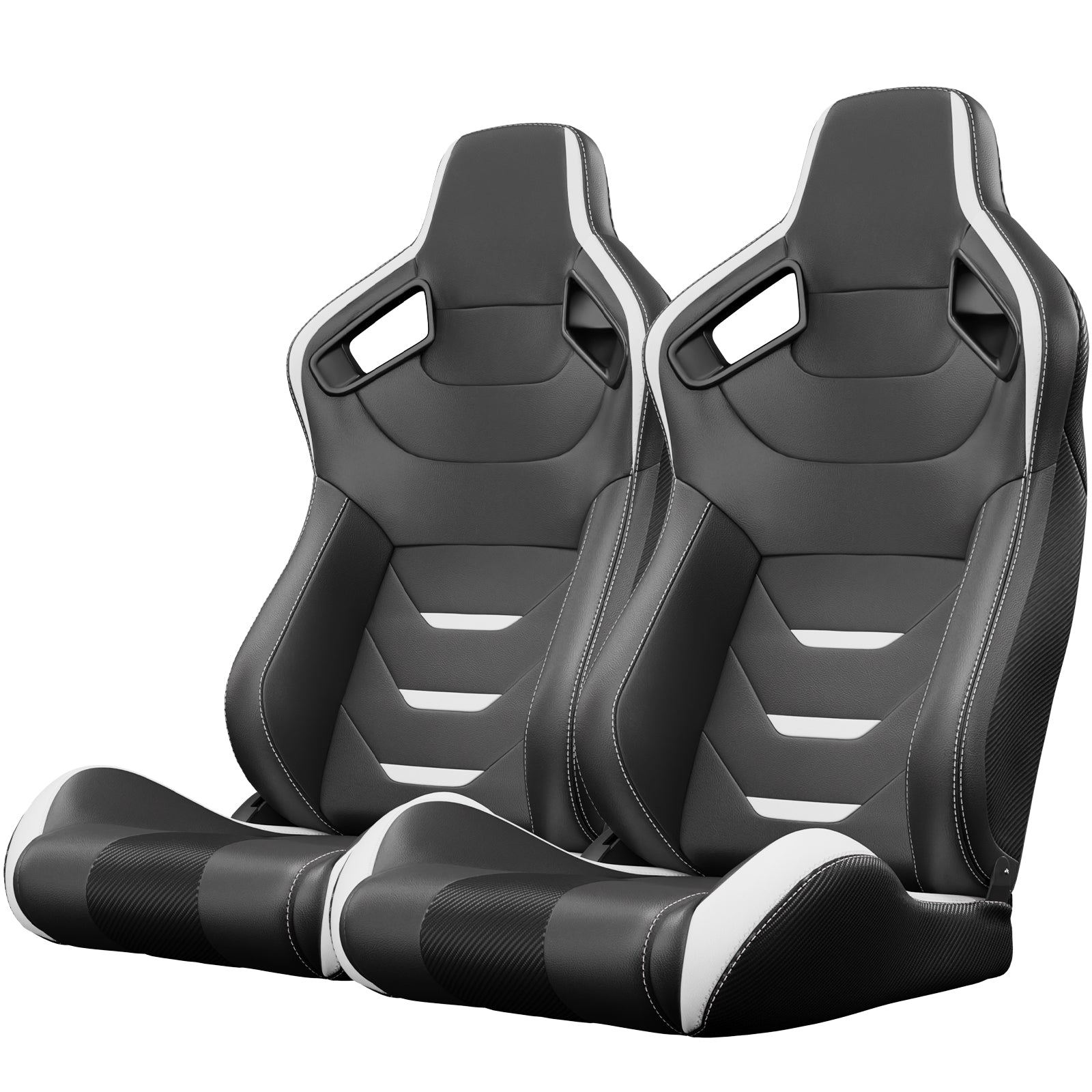 Pair of black racing bucket seats with white accents and carbon fiber texture
