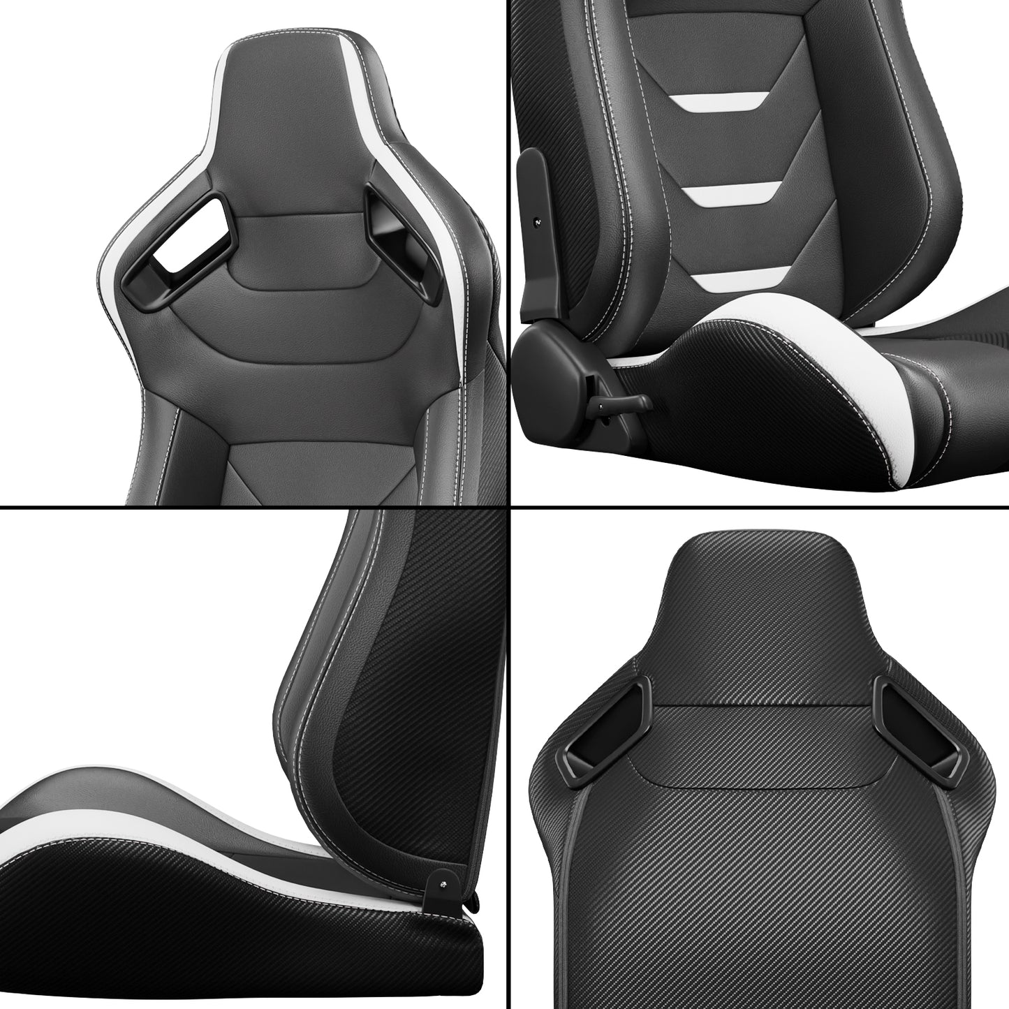 Black and white racing gaming chair with carbon fiber accents and white stitching