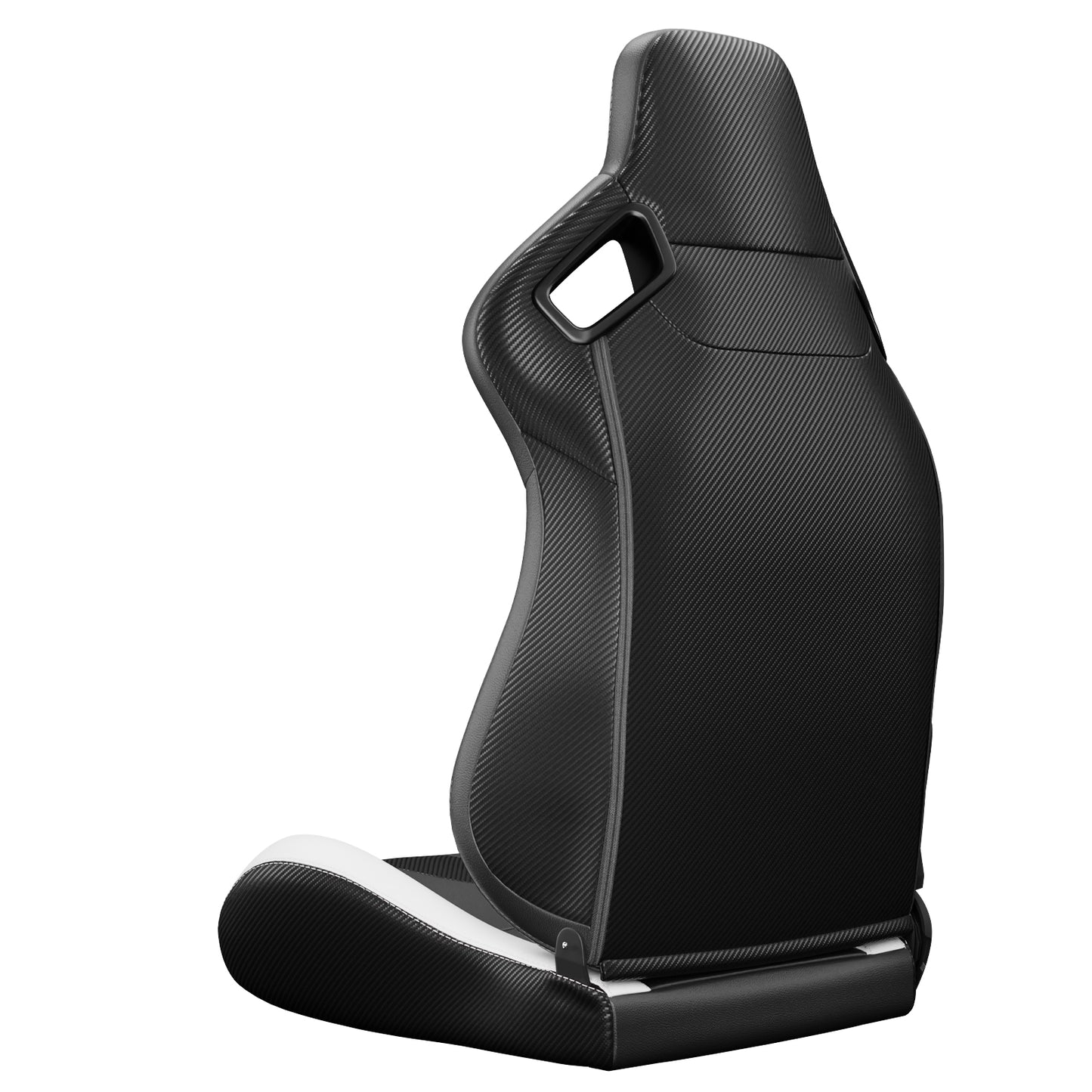 Black carbon fiber racing seat with white accents and side bolsters