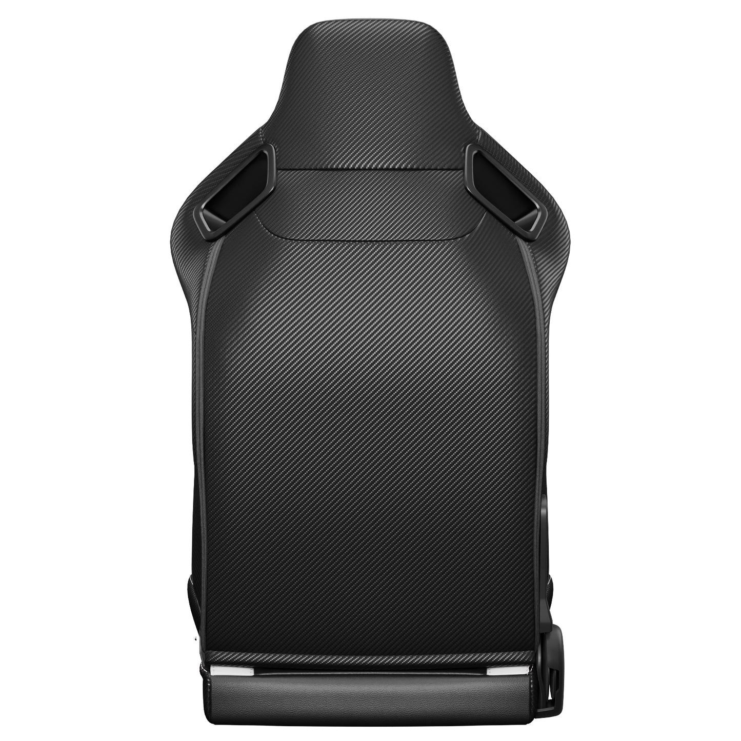 Black racing seat with carbon fiber texture and black accents perfect for gaming setups