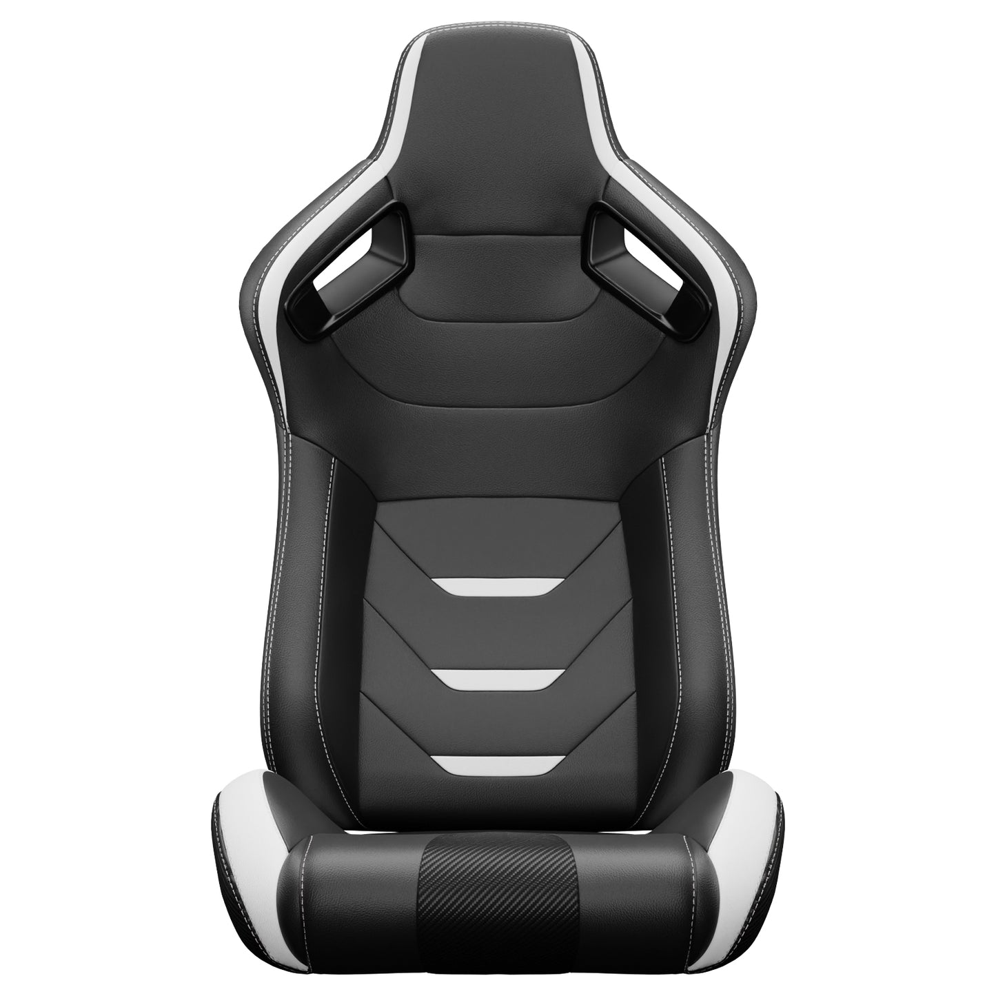Black and white gaming chair with white stitching and carbon fiber accents