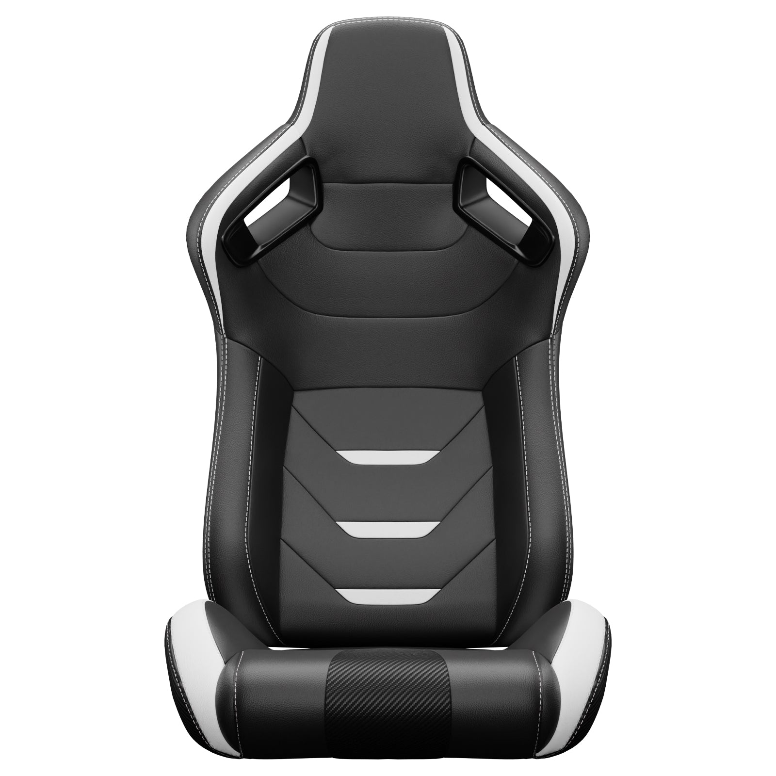Black and white gaming chair with white stitching and carbon fiber accents