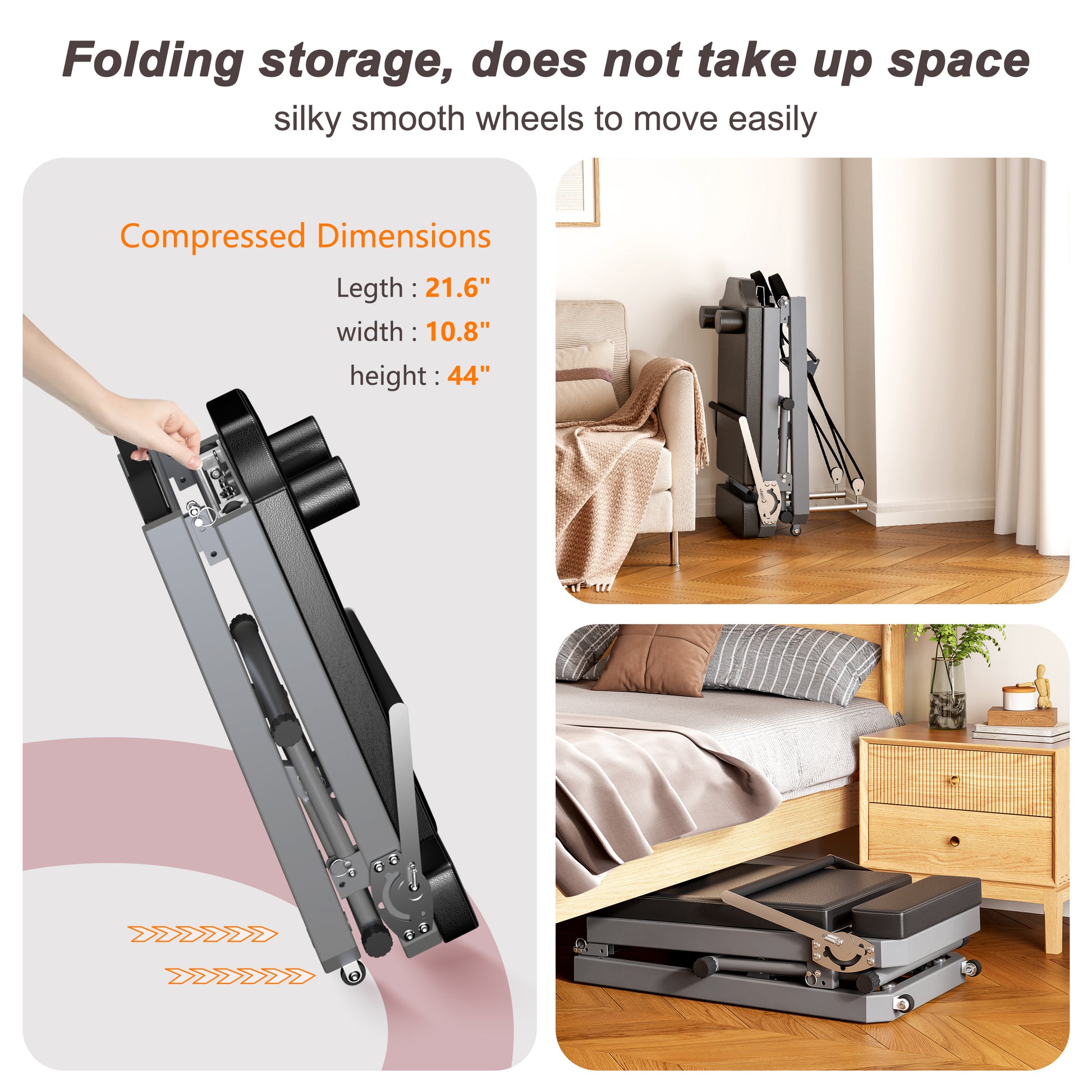 Gray folding treadmill with black accents featuring smooth wheels for easy movement