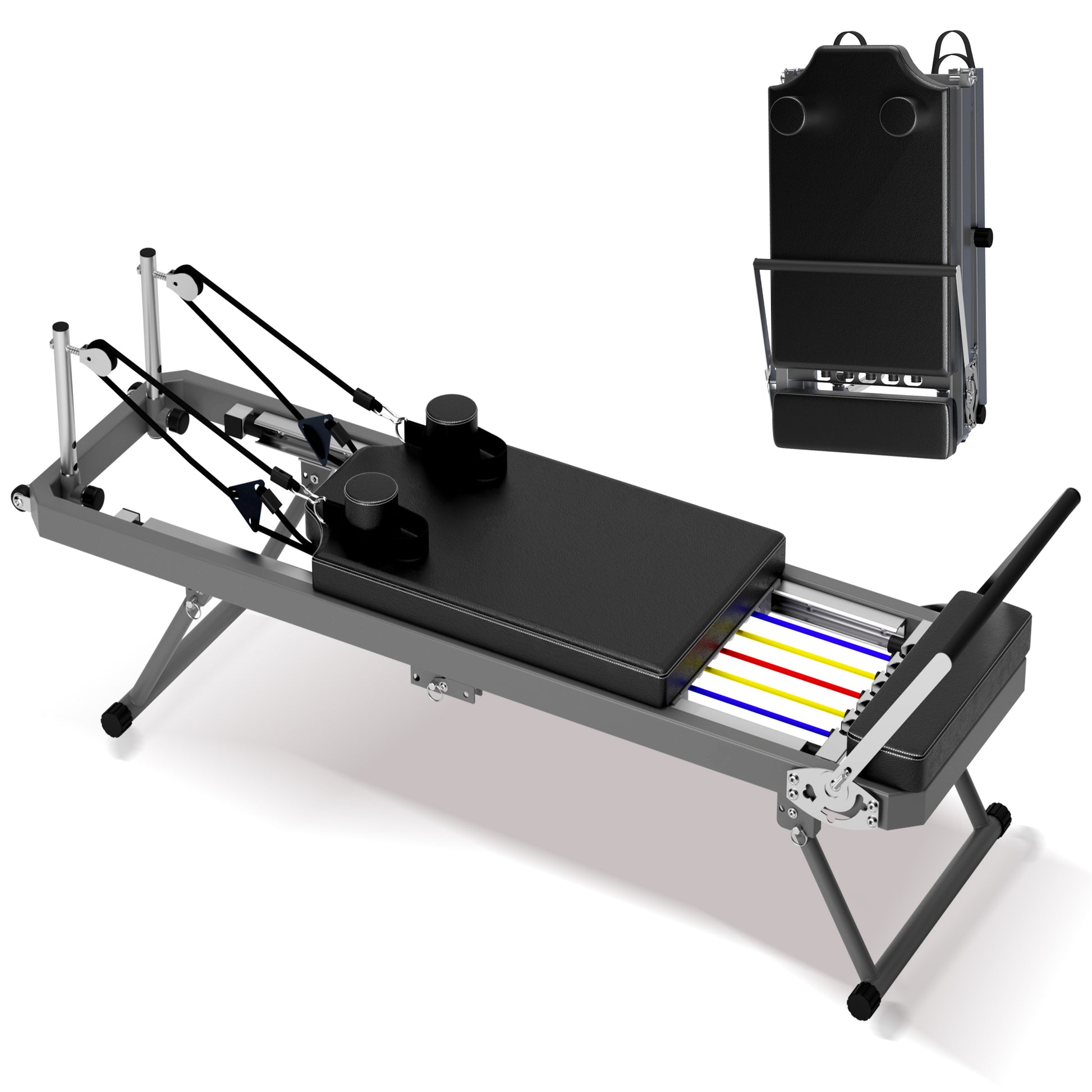 Black upholstered Pilates reformer with resistance springs and foot bar
