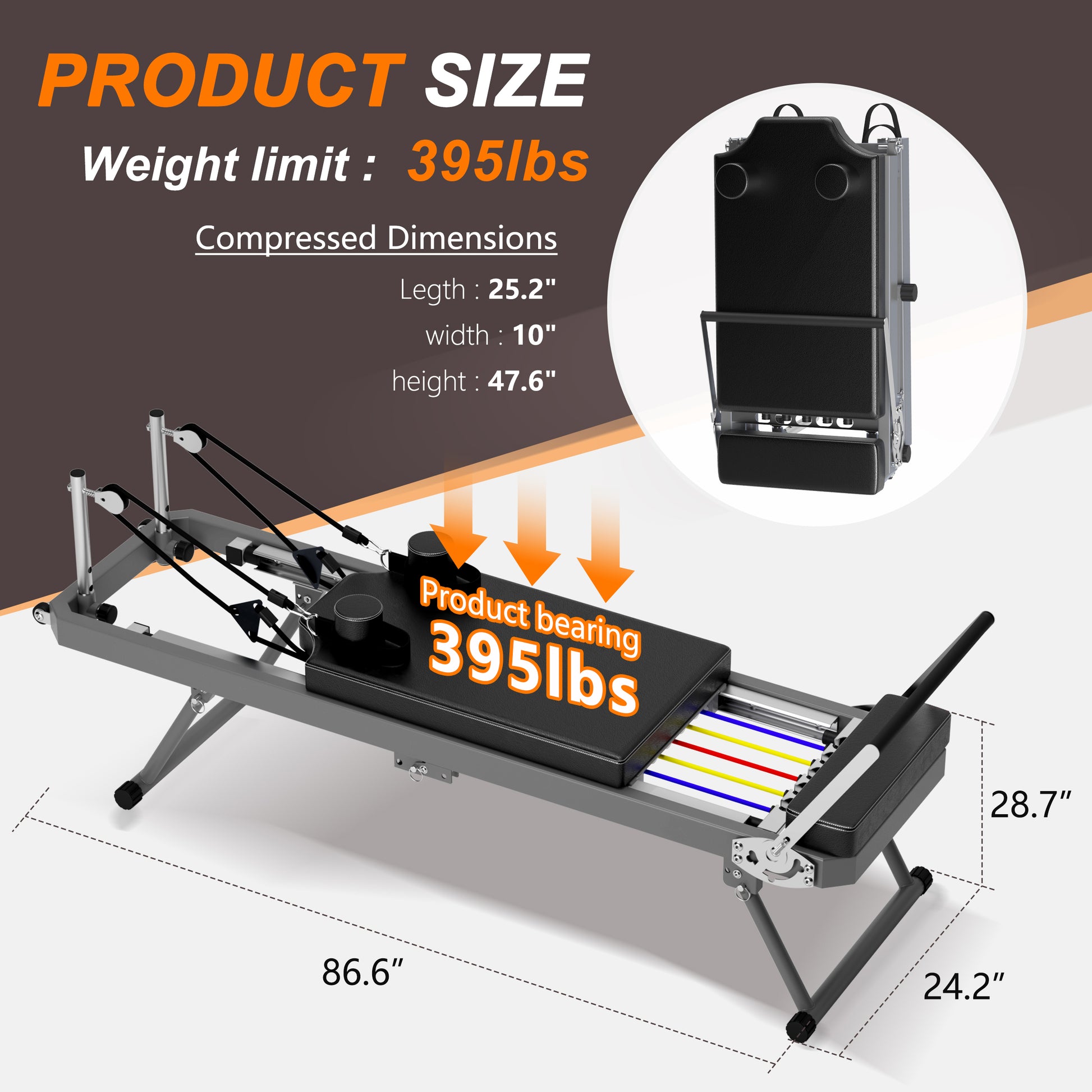 Full view of a gray and black pilates reformer machine with adjustable resistance springs lbs weight limit