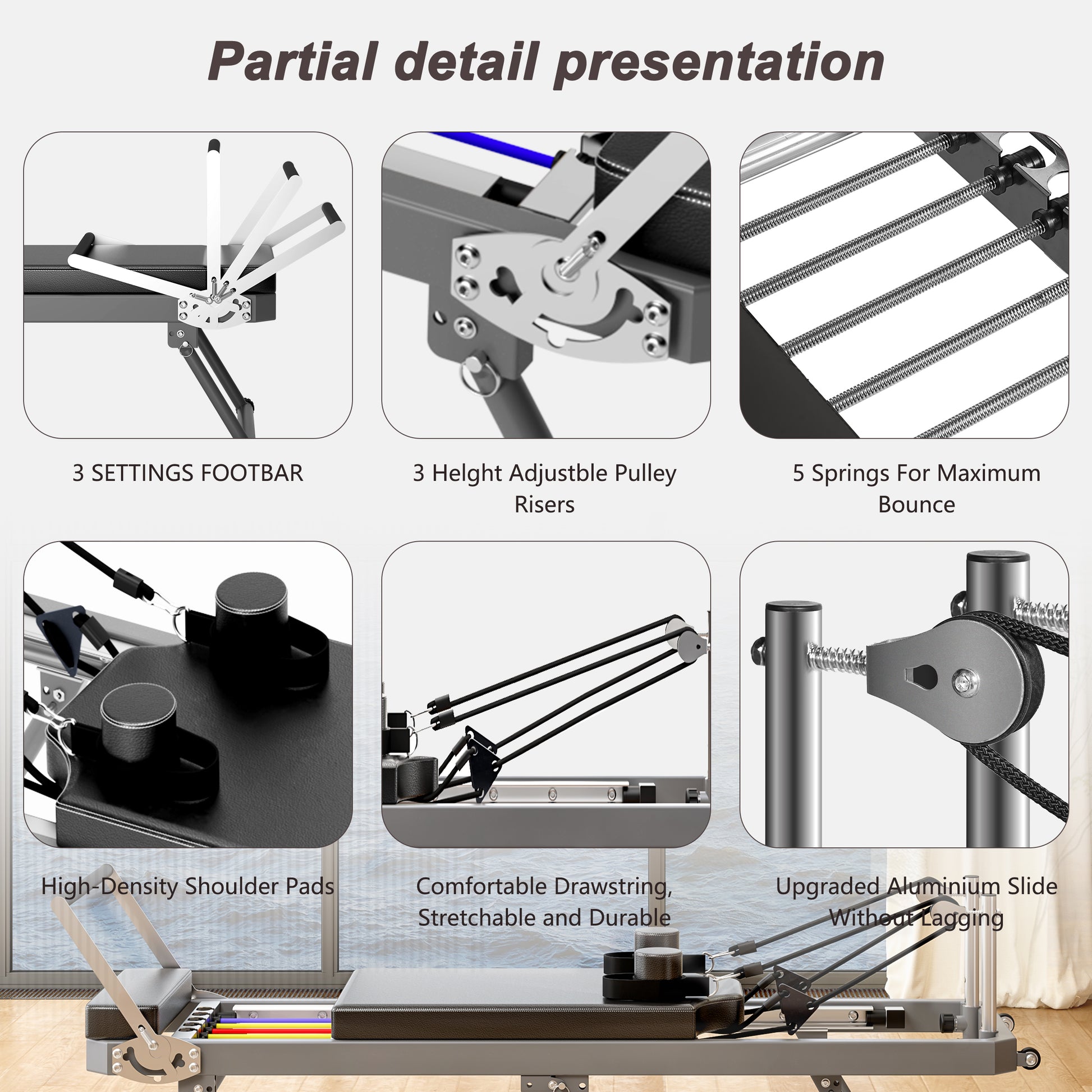 Pilates reformer  settings footbar for customizable workout positions