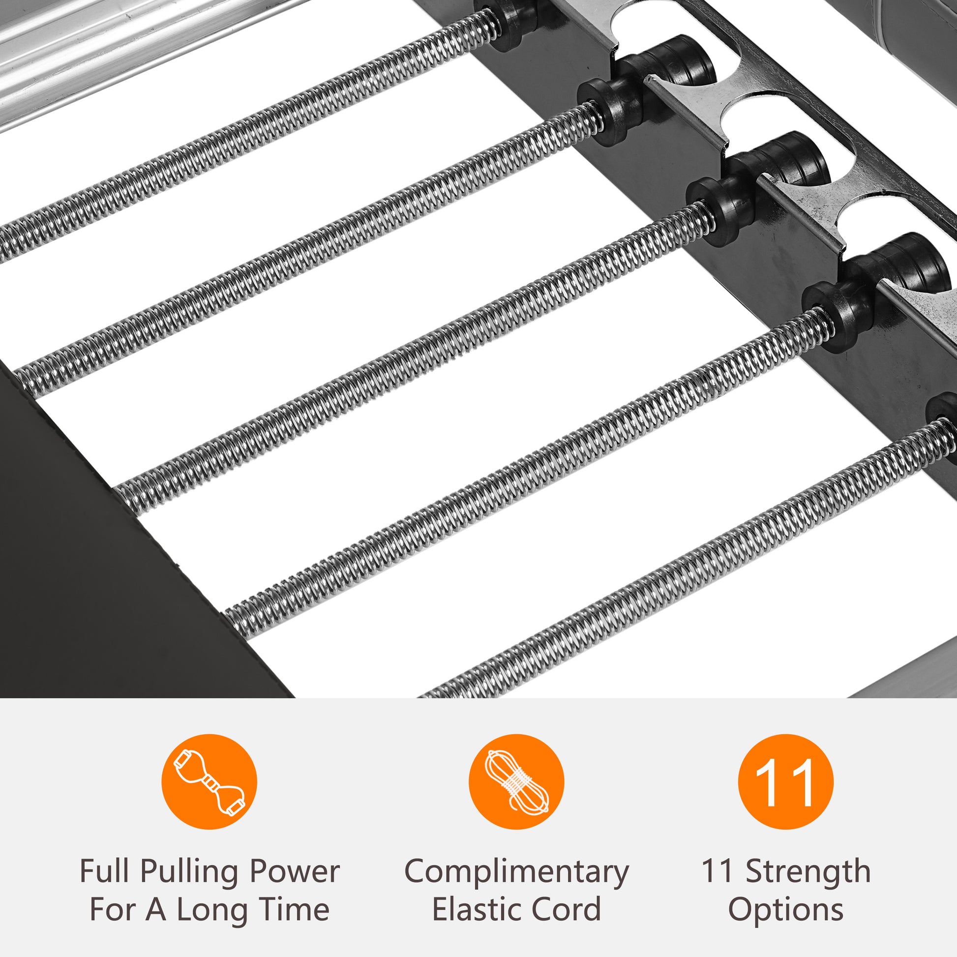 Steel springs and black anchors on exercise equipment for full pulling power