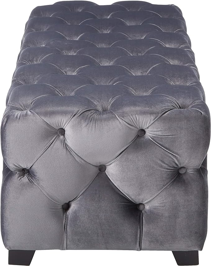 Tufted grey velvet storage ottoman with diamond stitching and button accents