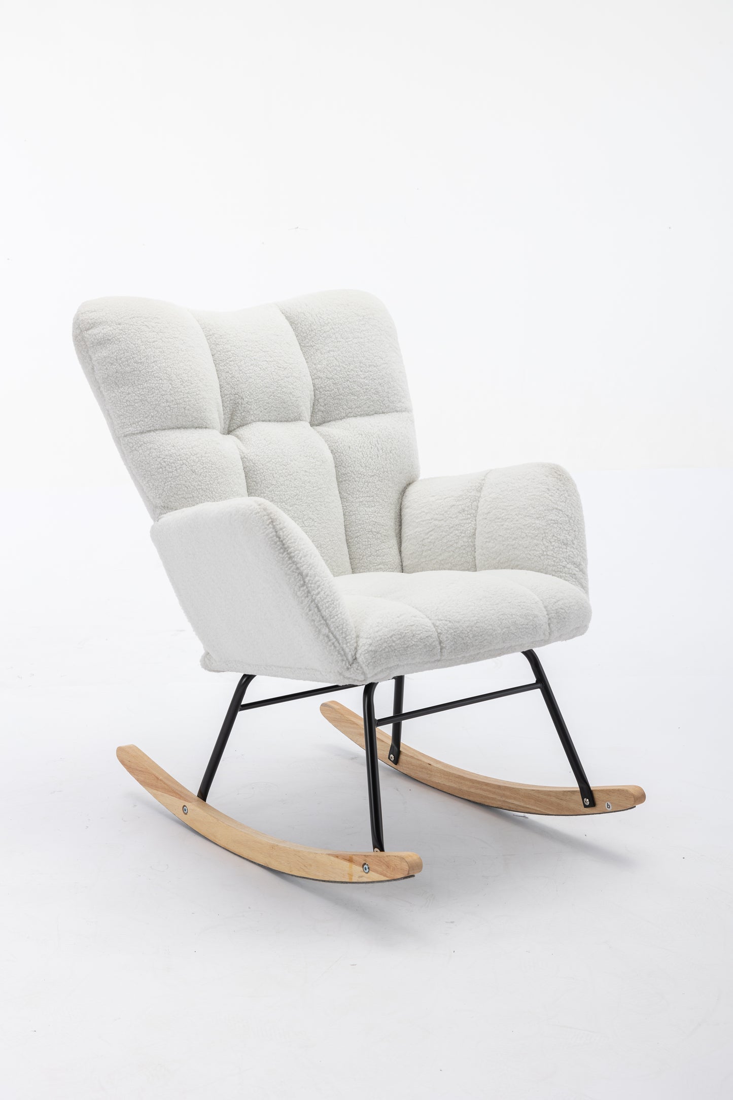 Plush white boucle fabric rocking chair with tufted back and natural wood rockers