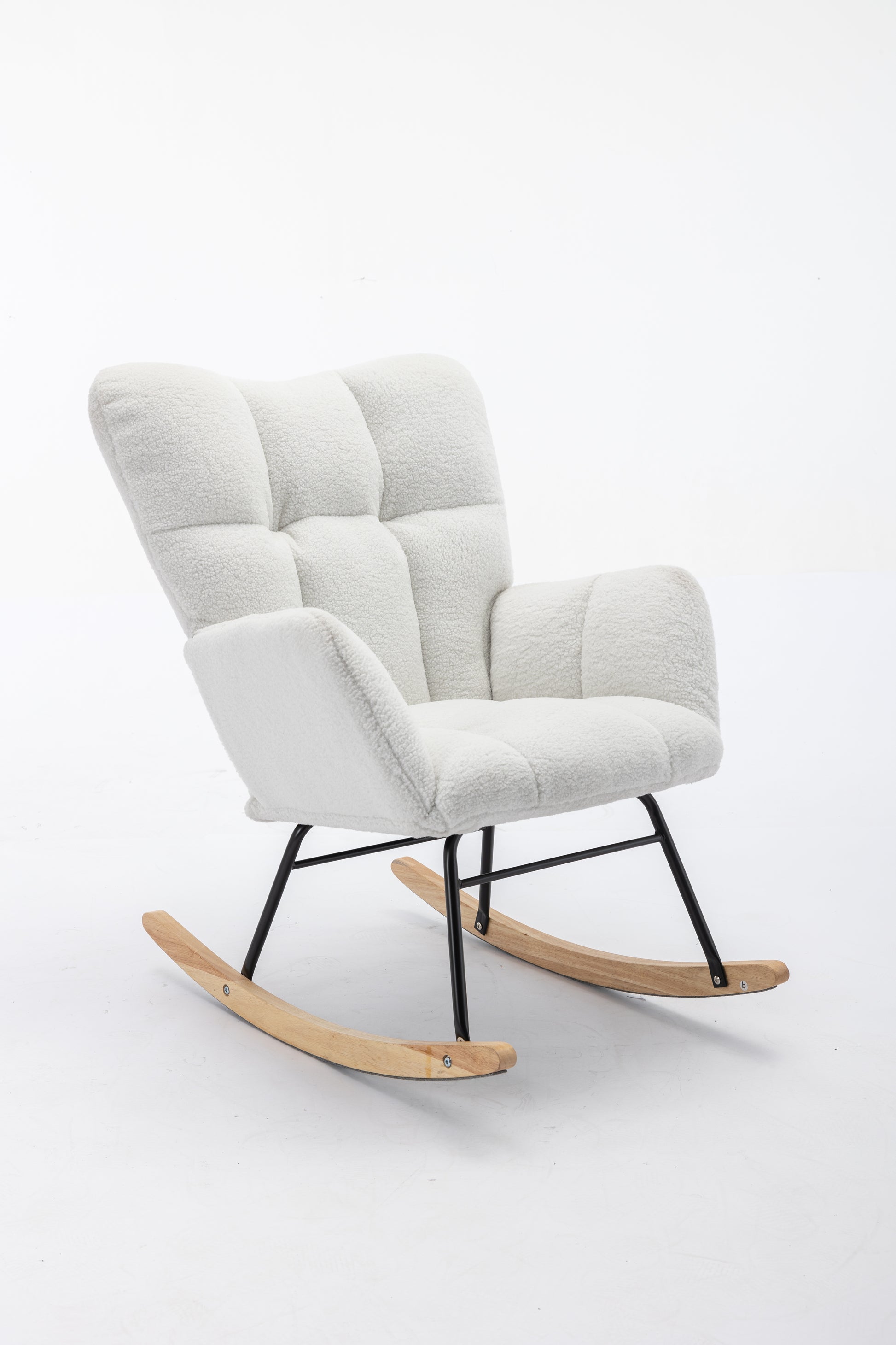 Plush white boucle fabric rocking chair with tufted back and natural wood rockers
