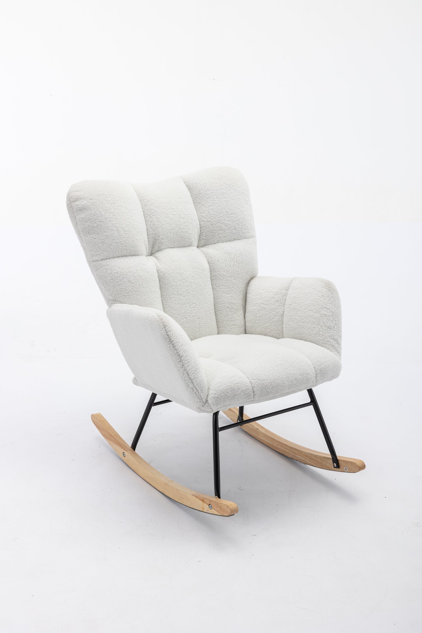 Cozy white teddy fabric rocking chair with tufted back and natural wood rockers