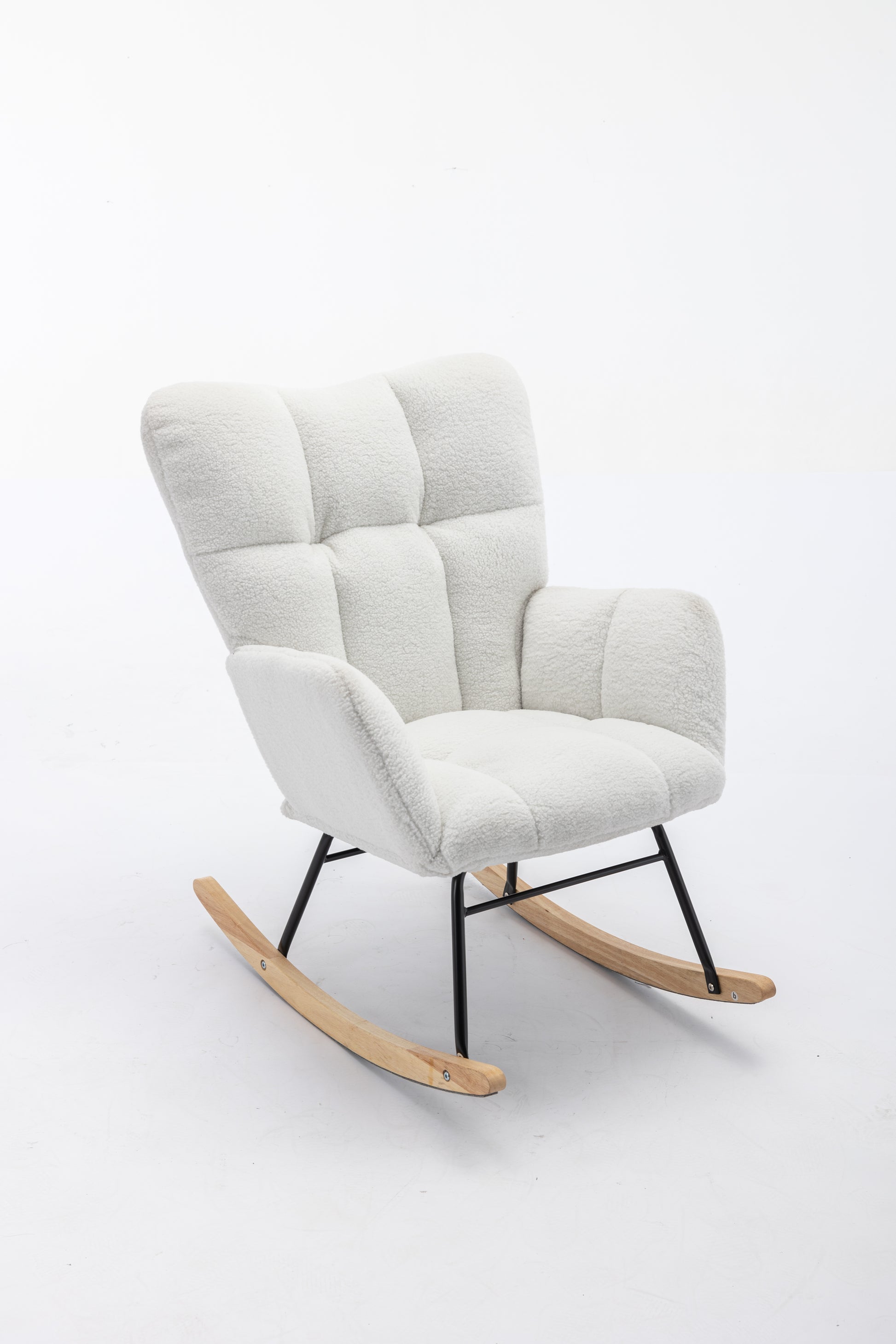Cozy white teddy fabric rocking chair with tufted back and natural wood rockers