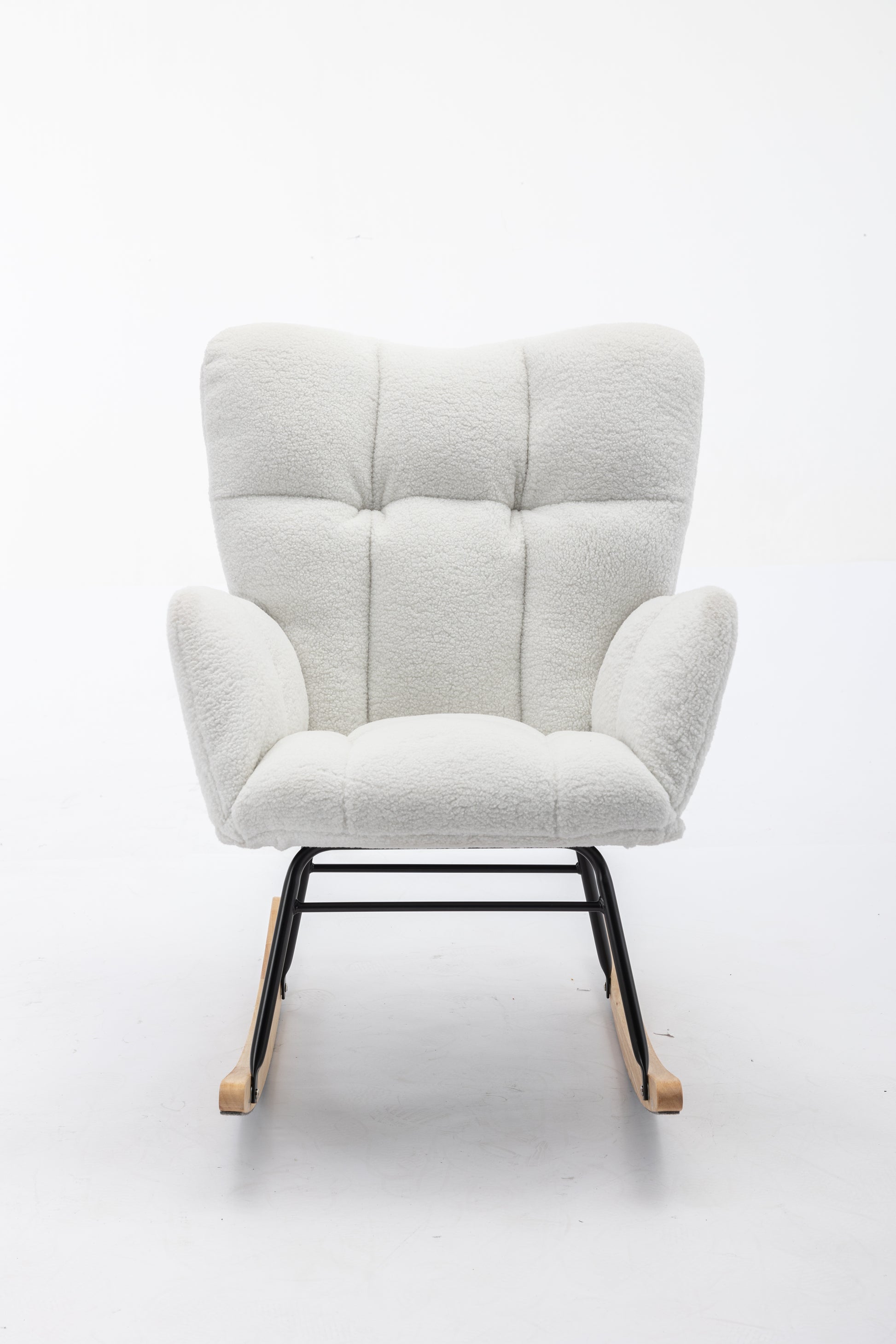 Plush white sherpa accent rocking chair with tufted back and wooden sled base