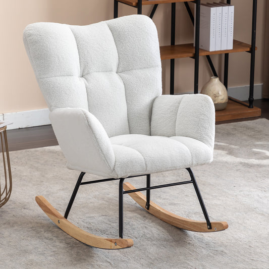 Plush white teddy bear fabric rocking chair with tufted back and wooden rockers for cozy living rooms