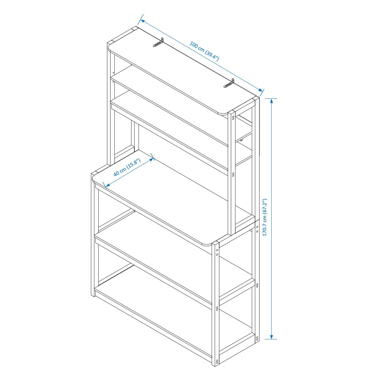 White multilevel storage unit cm wide and cm tall