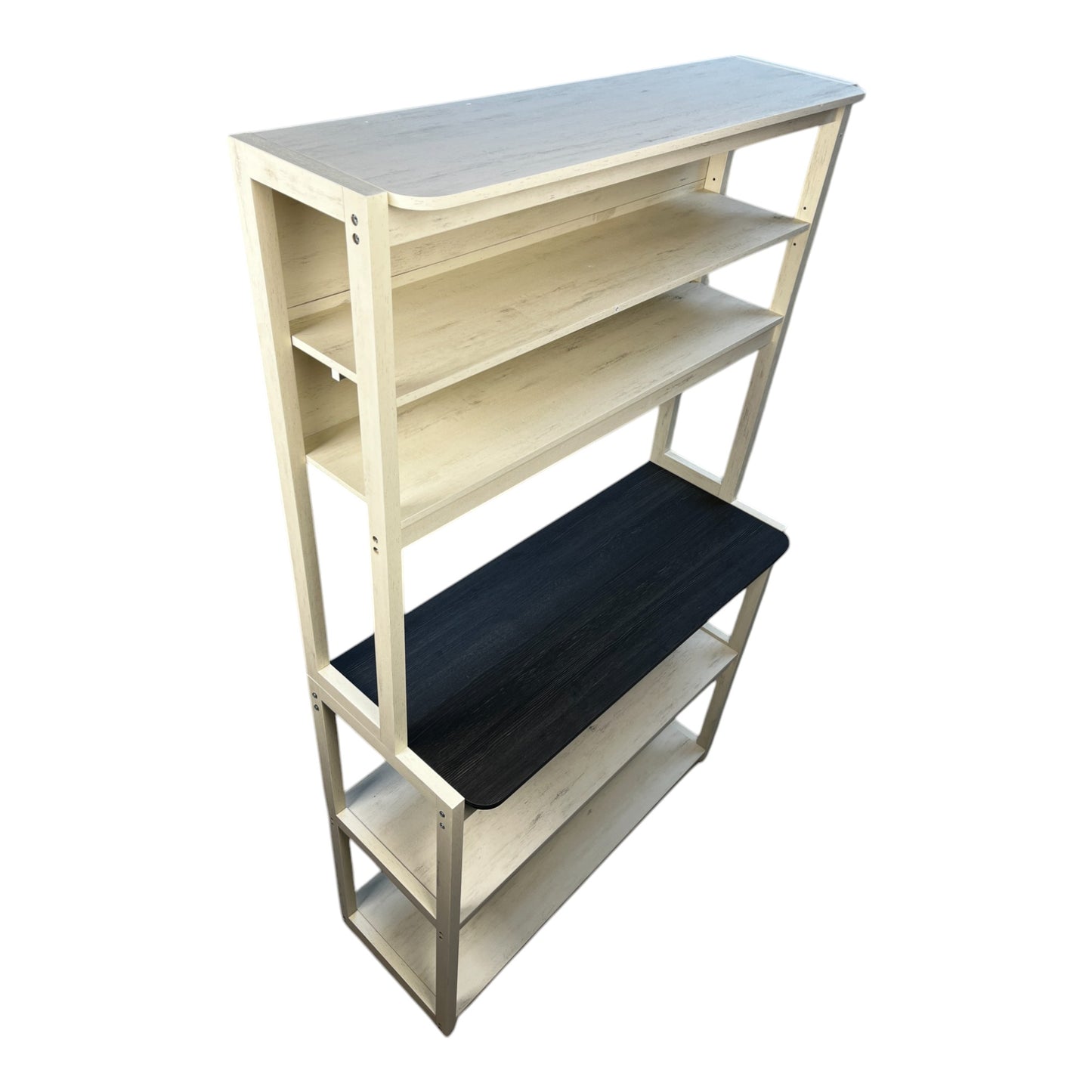 Light wood multishelf bookcase with black middle shelf for home storage