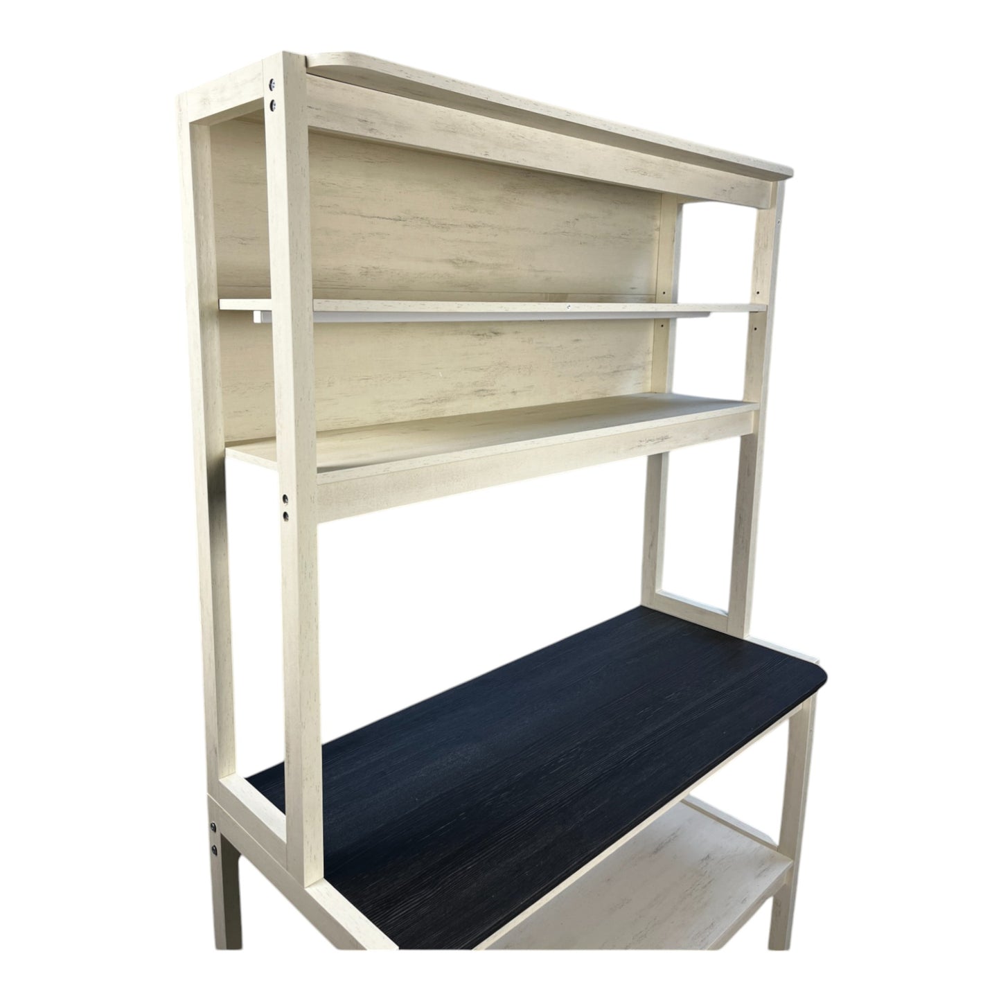 Antique white wooden bakers rack with dark wood shelves and open design for kitchen storage