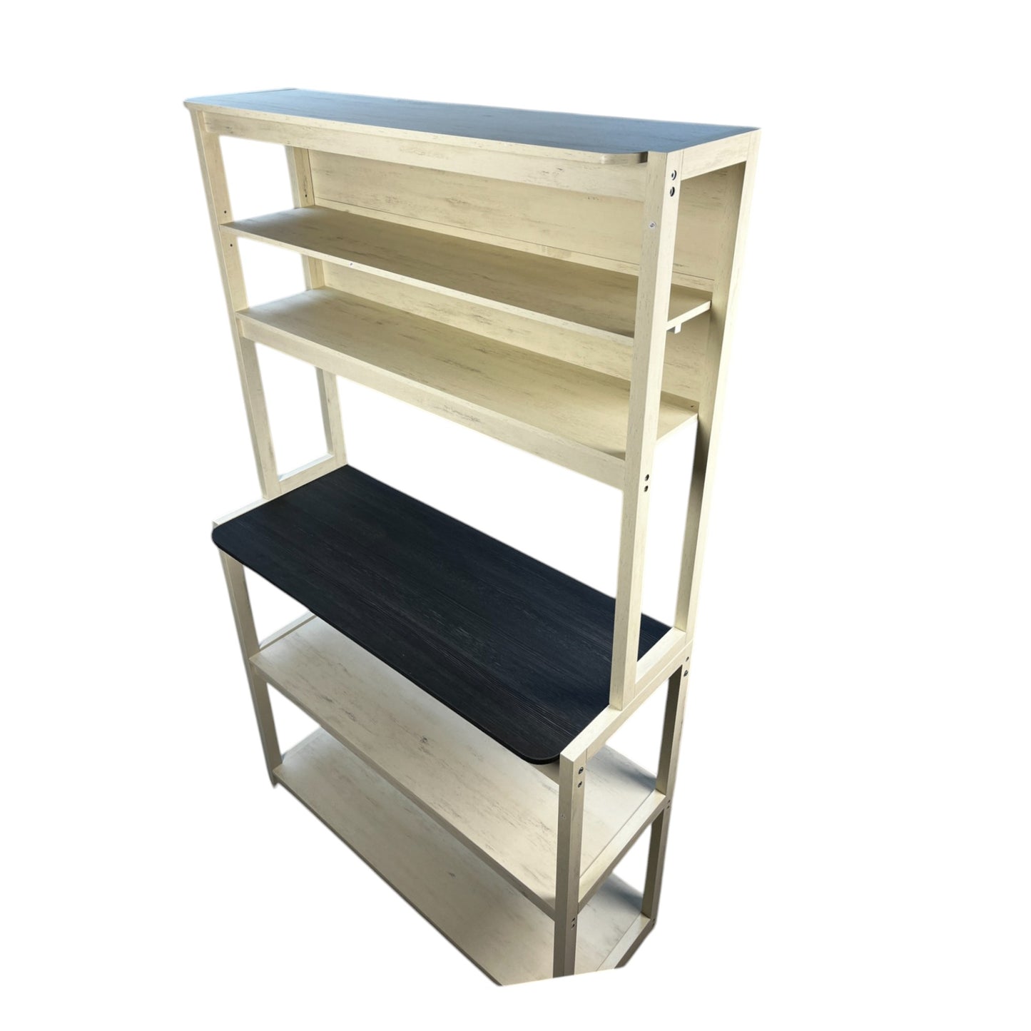Cream distressed wood bakers rack with dark wood shelf and multiple levels