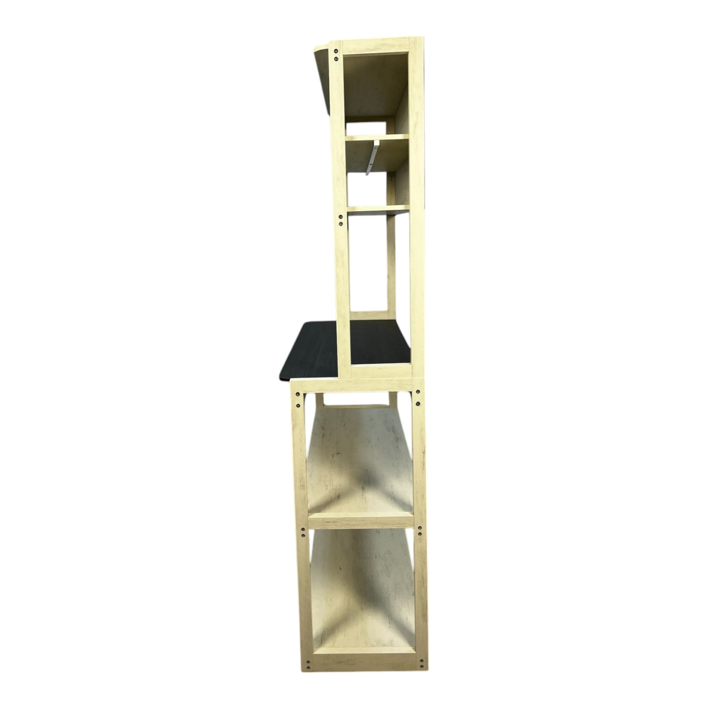Light wood shelf unit with dark desktop