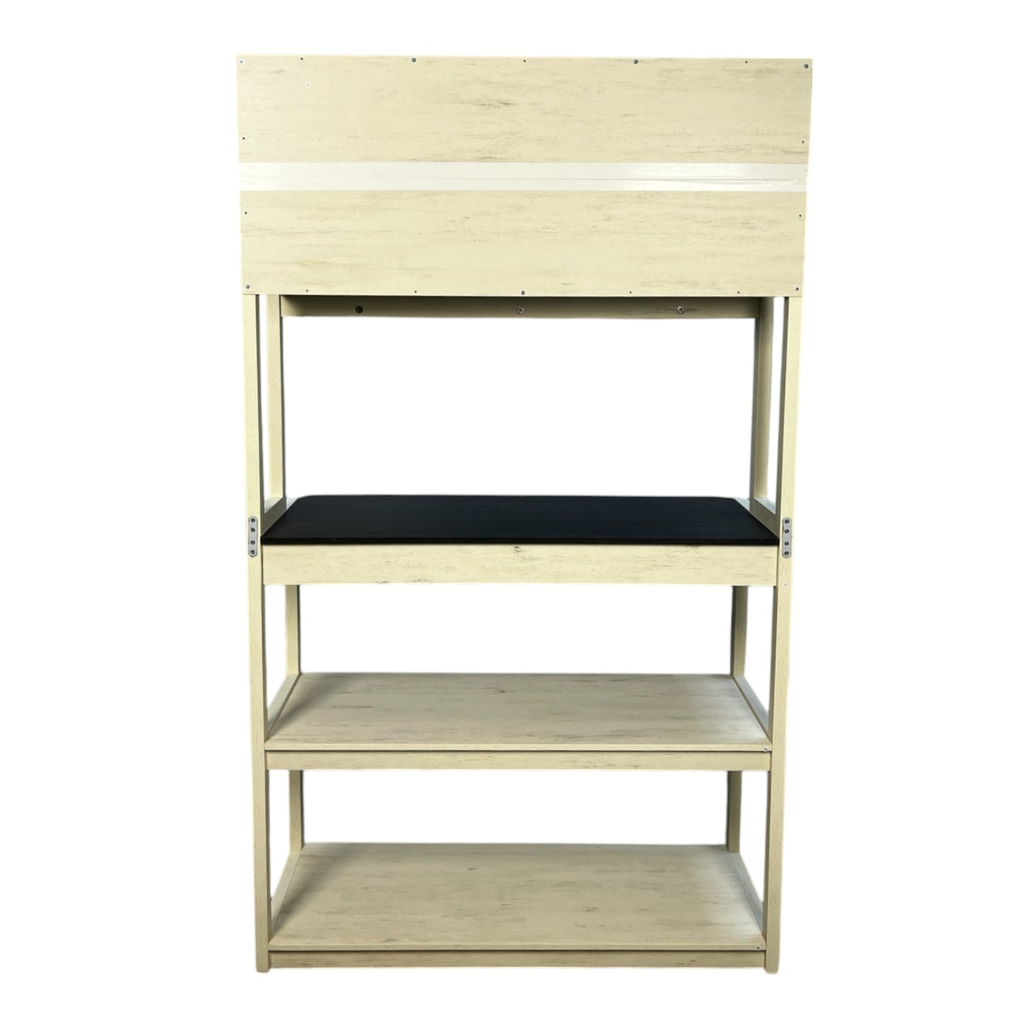 Cream distressed wood shelf unit with three display levels and black seat