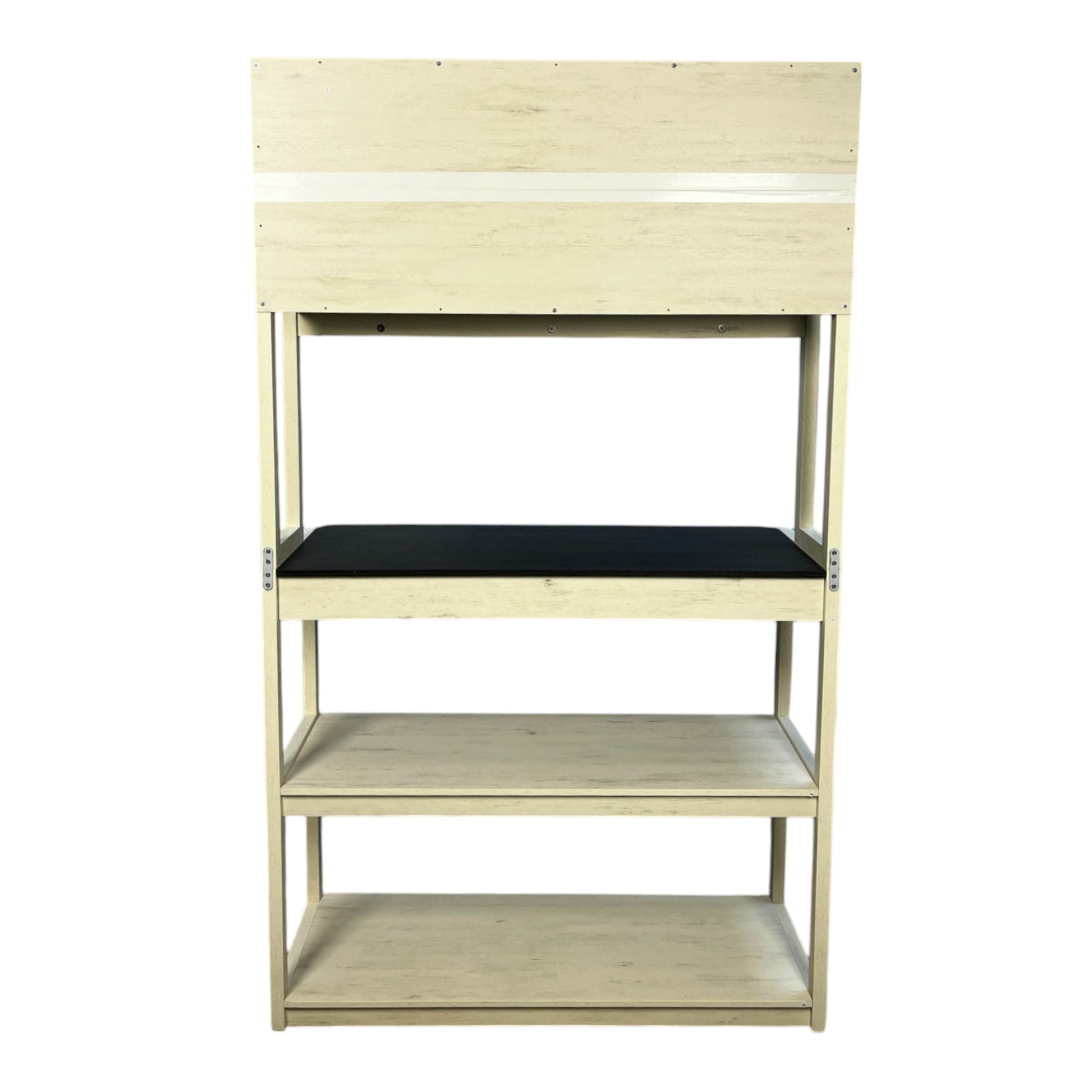 Cream distressed wood shelf unit with three display levels and black seat