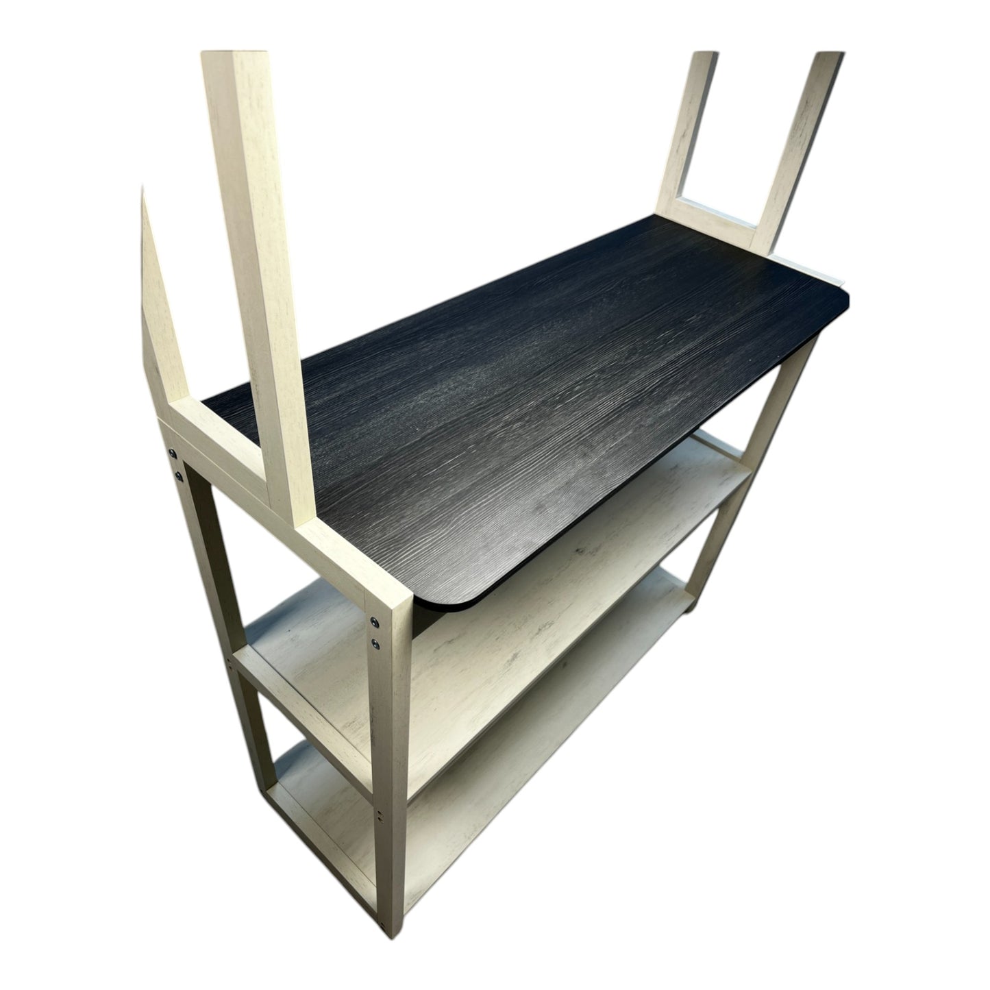 Modern twotone bookshelf with black top shelf and distressed white shelves