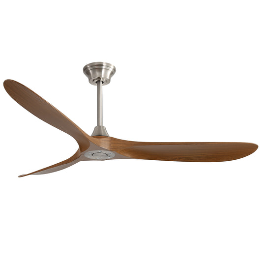 Modern DC ceiling fan with three sleek wooden blades and brushed nickel finish