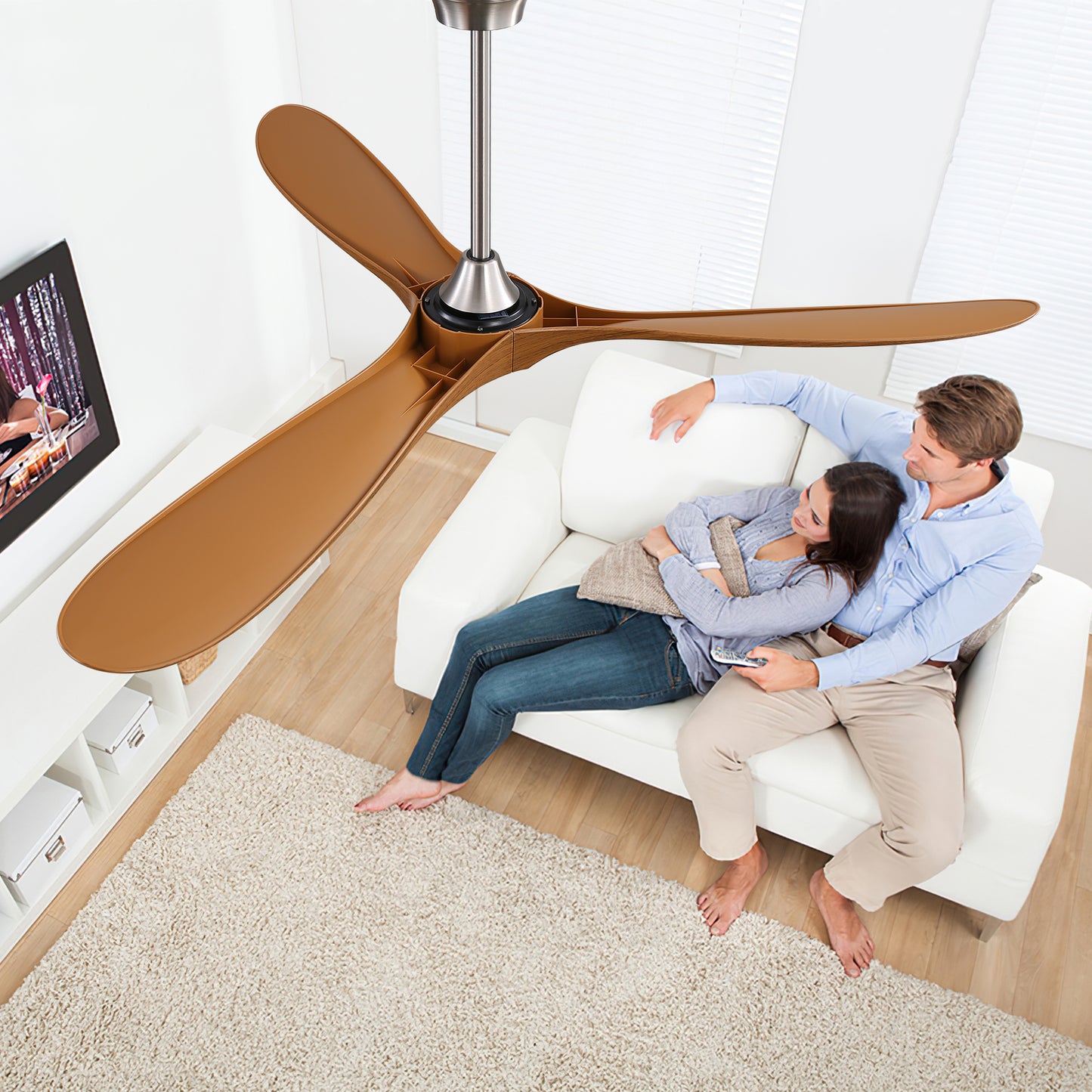 Sleek brown ceiling fan with three wide blades and brushed nickel motor