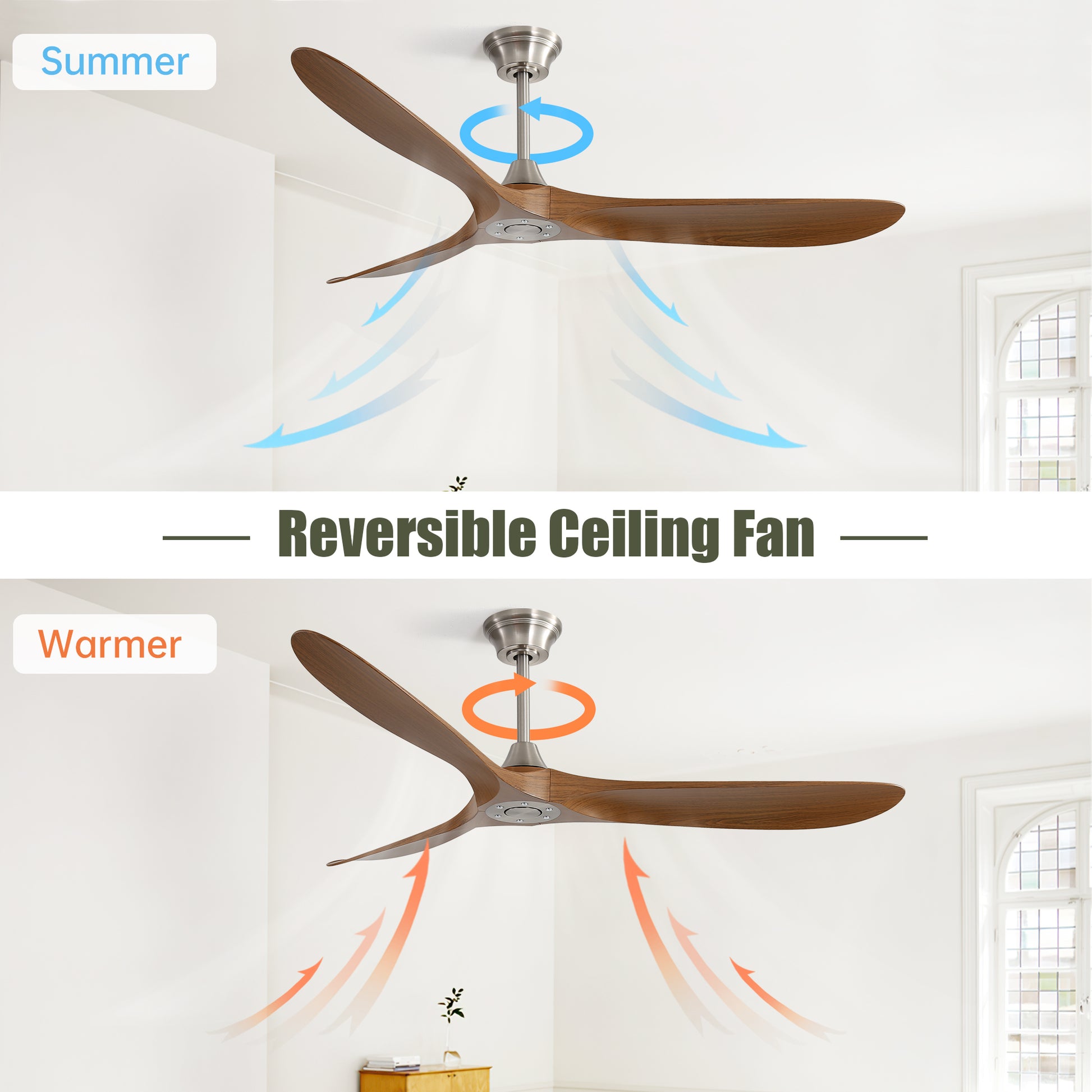 Modern reversible ceiling fan with three woodgrain blades and brushed nickel motor for summer cooling