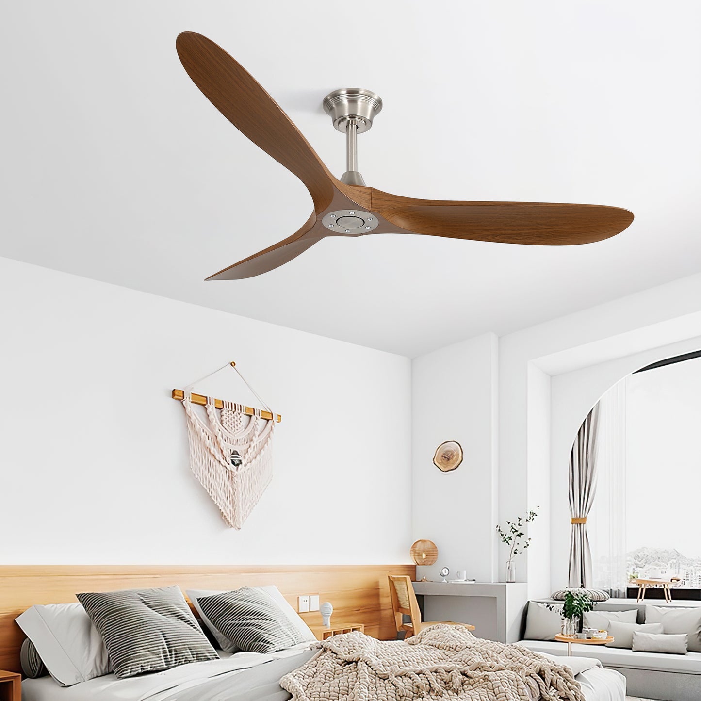 Modern threeblade ceiling fan with wood grain blades and brushed nickel motor