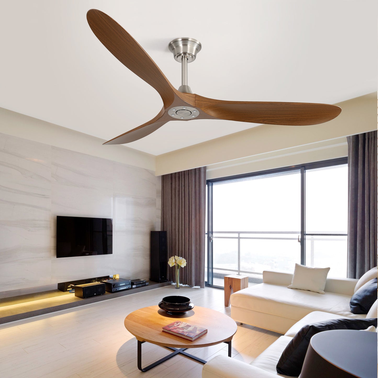 Modern walnut ceiling fan with brushed nickel motor and three blades