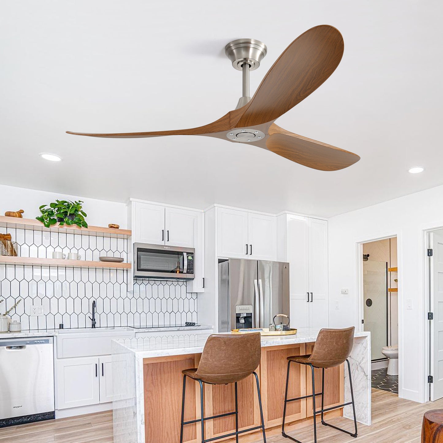 Modern wood blade ceiling fan with brushed nickel finish in a contemporary kitchen