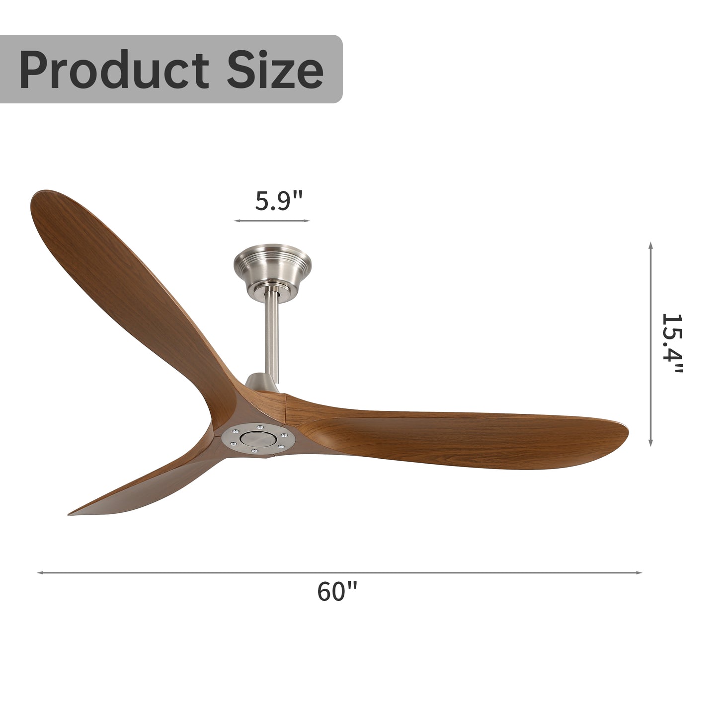 Modern  inch ceiling fan with walnut wood blades and brushed nickel motor