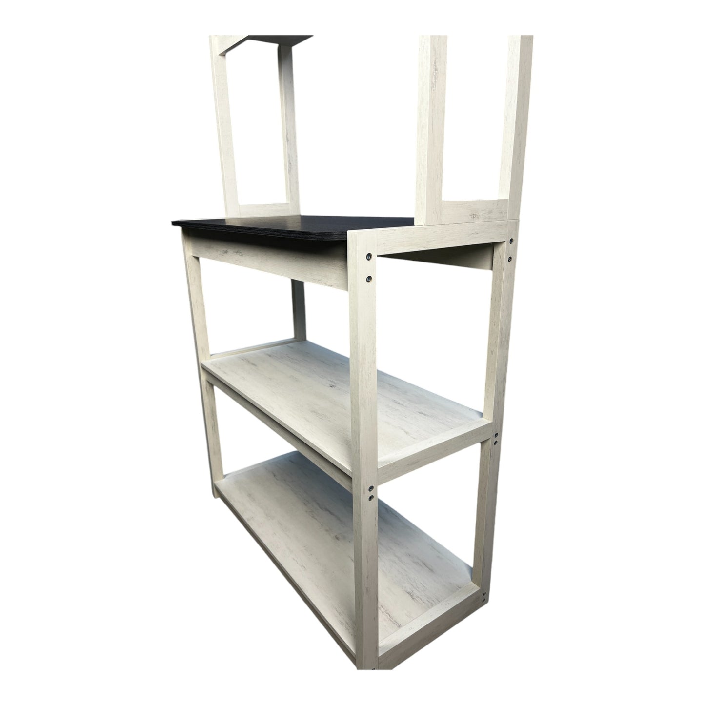 Rustic white wood shelf unit with three open shelves and a black countertop