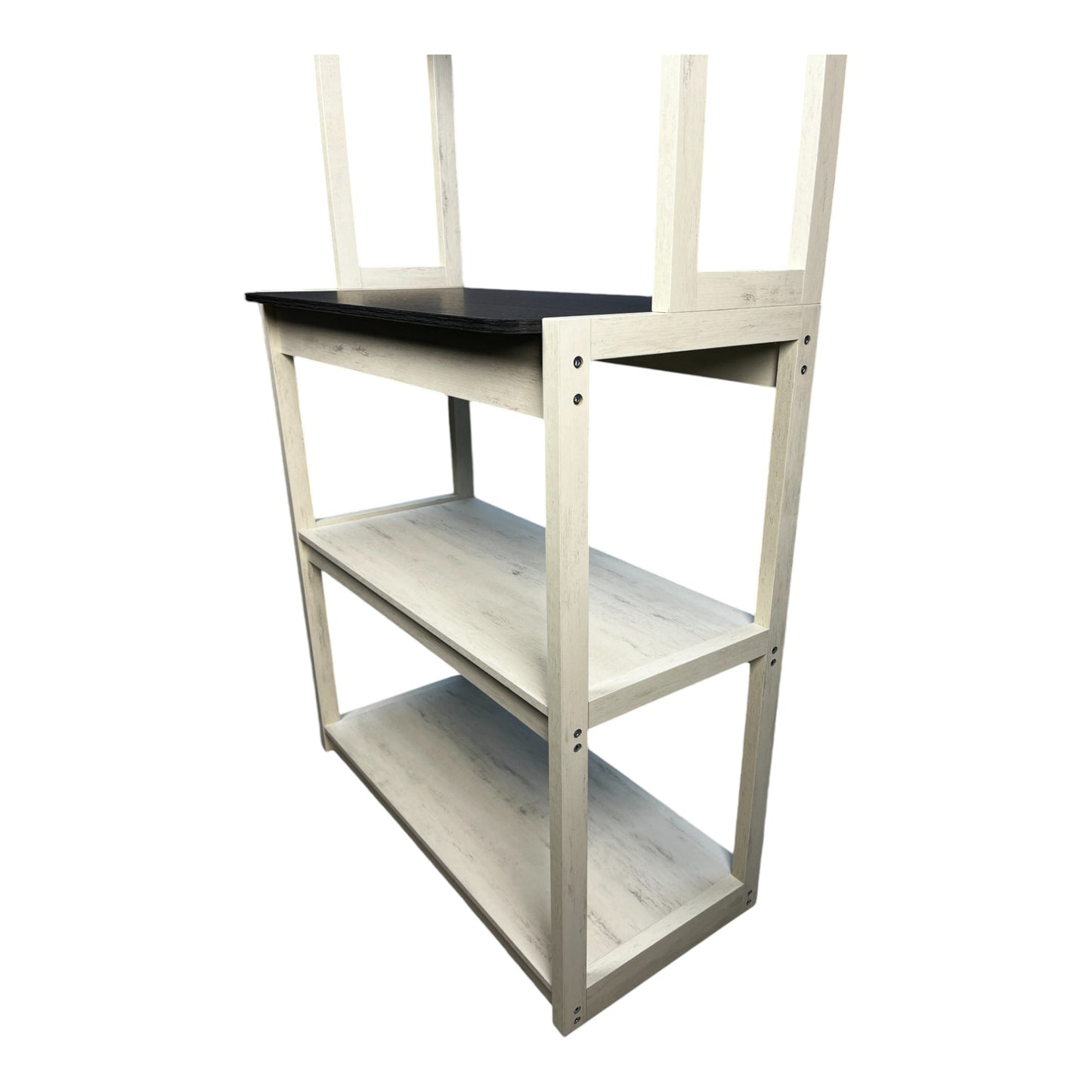 Cream wooden bookshelf with three shelves and a black top shelf for home decor