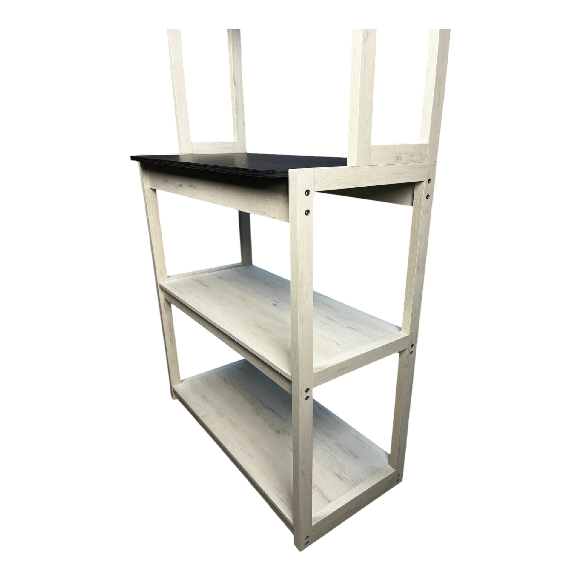 Cream wooden bookshelf with three shelves and a black top shelf for home decor