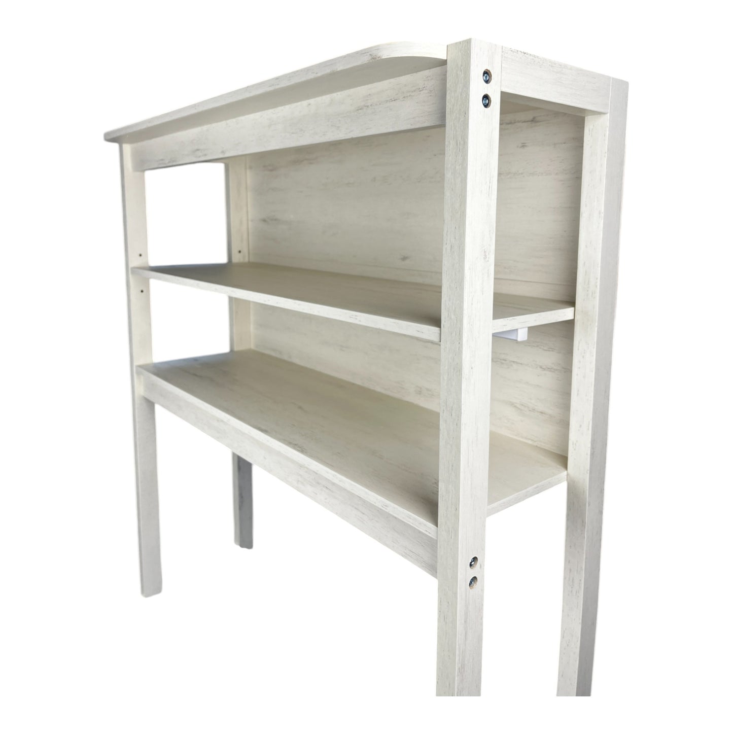 Distressed white wood bookshelf with two shelves and open sides for storage
