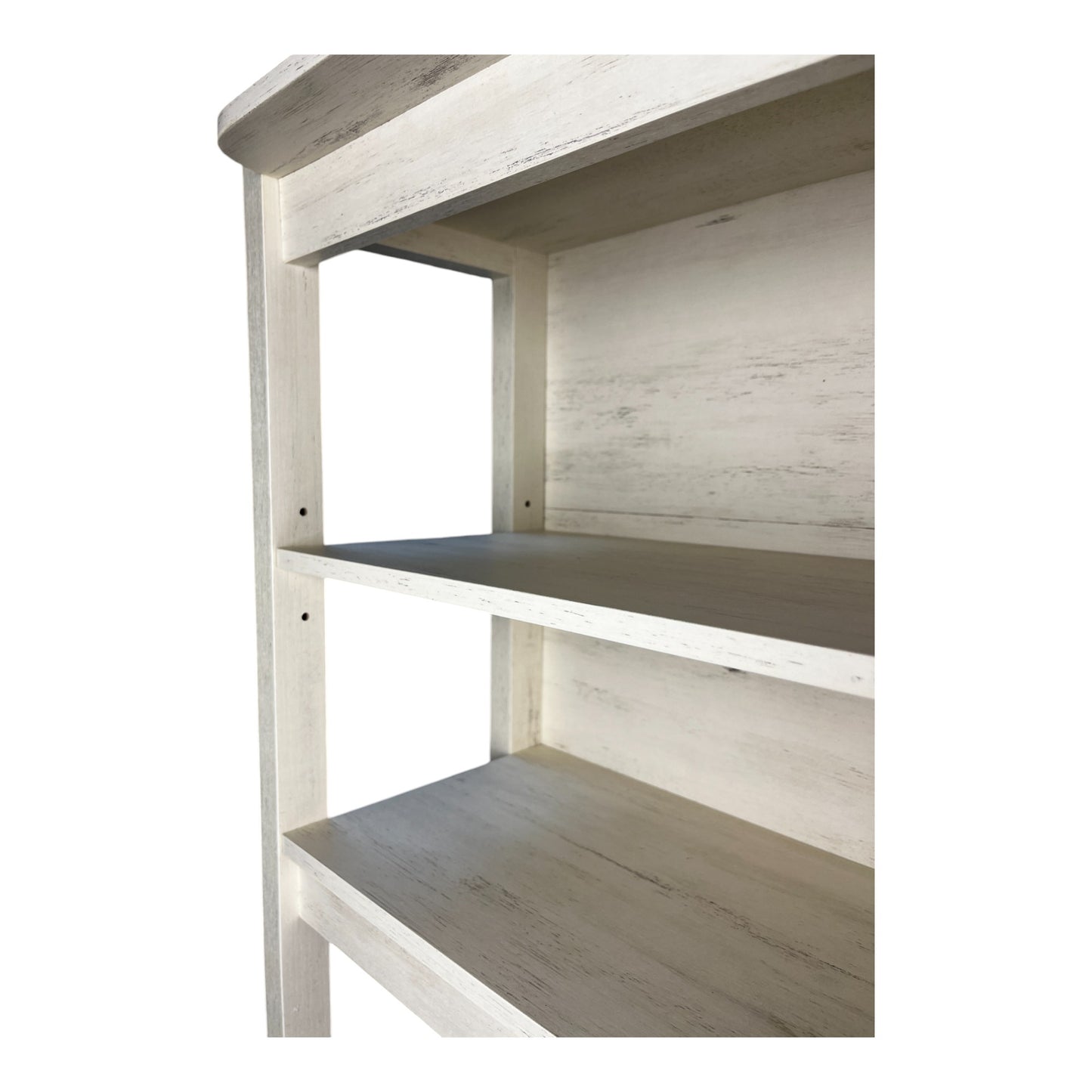 Weathered white wood bookshelf with three open shelves