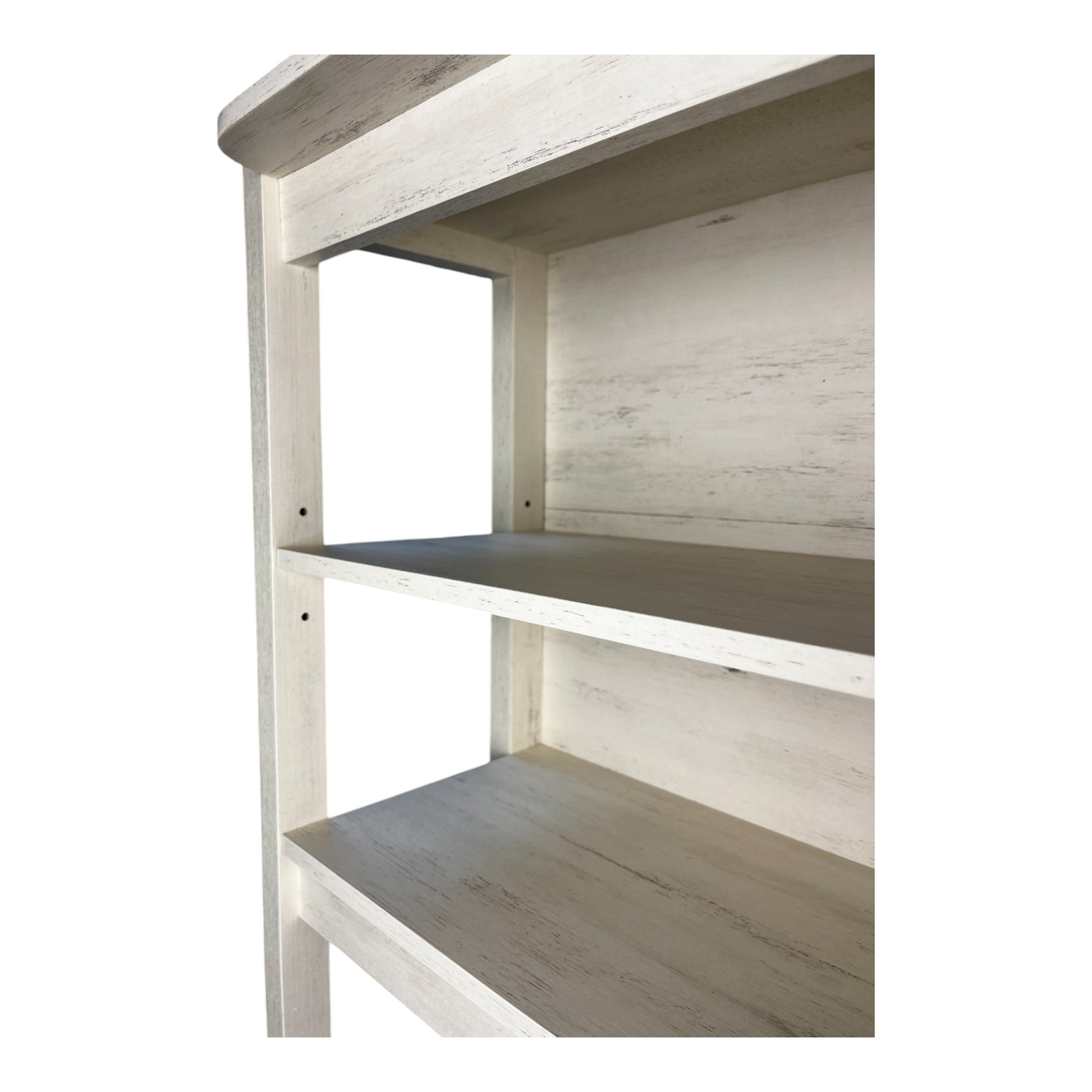 Weathered white wood bookshelf with three open shelves