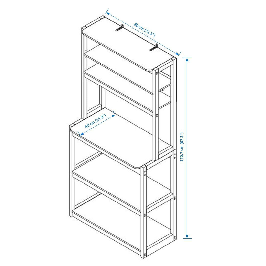 Diagram of a white shelving unit with dimensions labeled cm width cm depth cm height