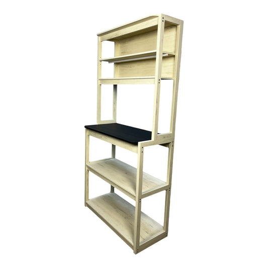 Light wood bakers rack with black countertop and multiple shelves for kitchen storage