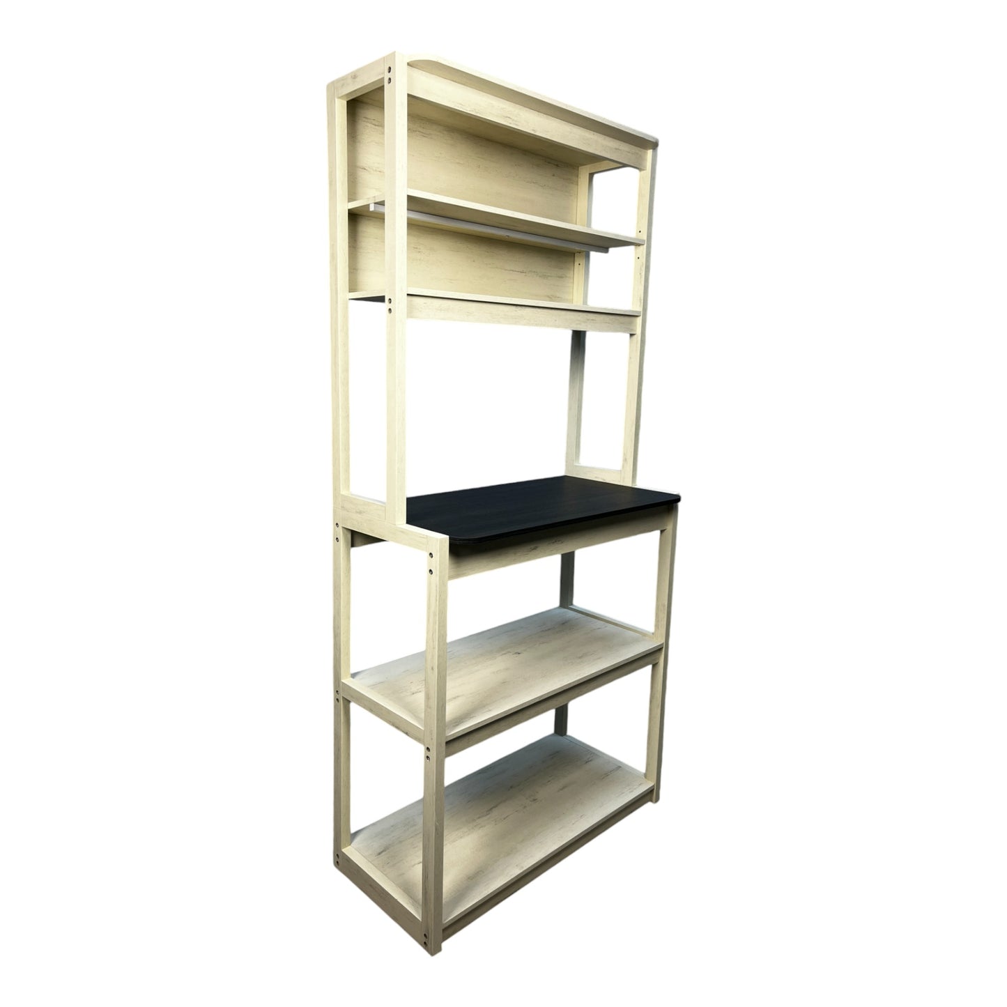 Rustic beige bakers rack with black countertop and multiple open shelves