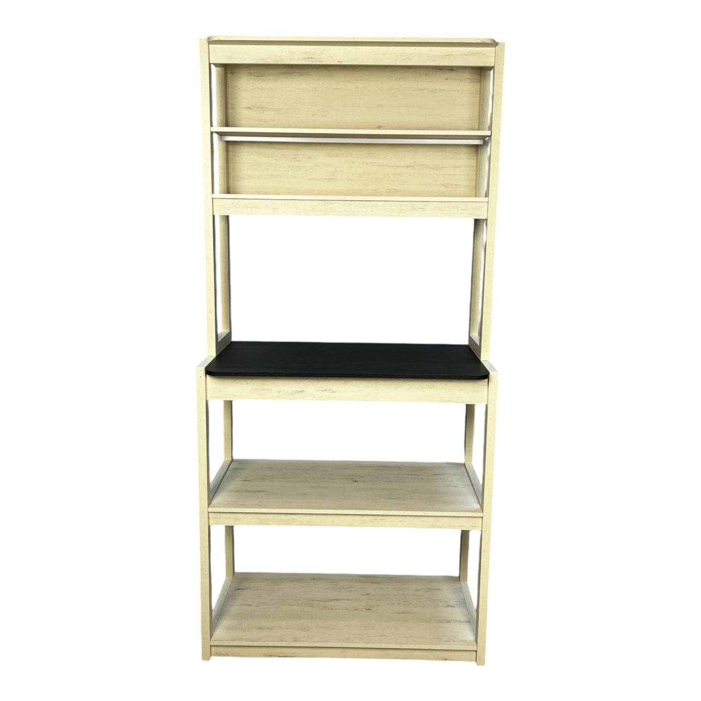 Light oak finish open shelf unit with metal accents and black shelf
