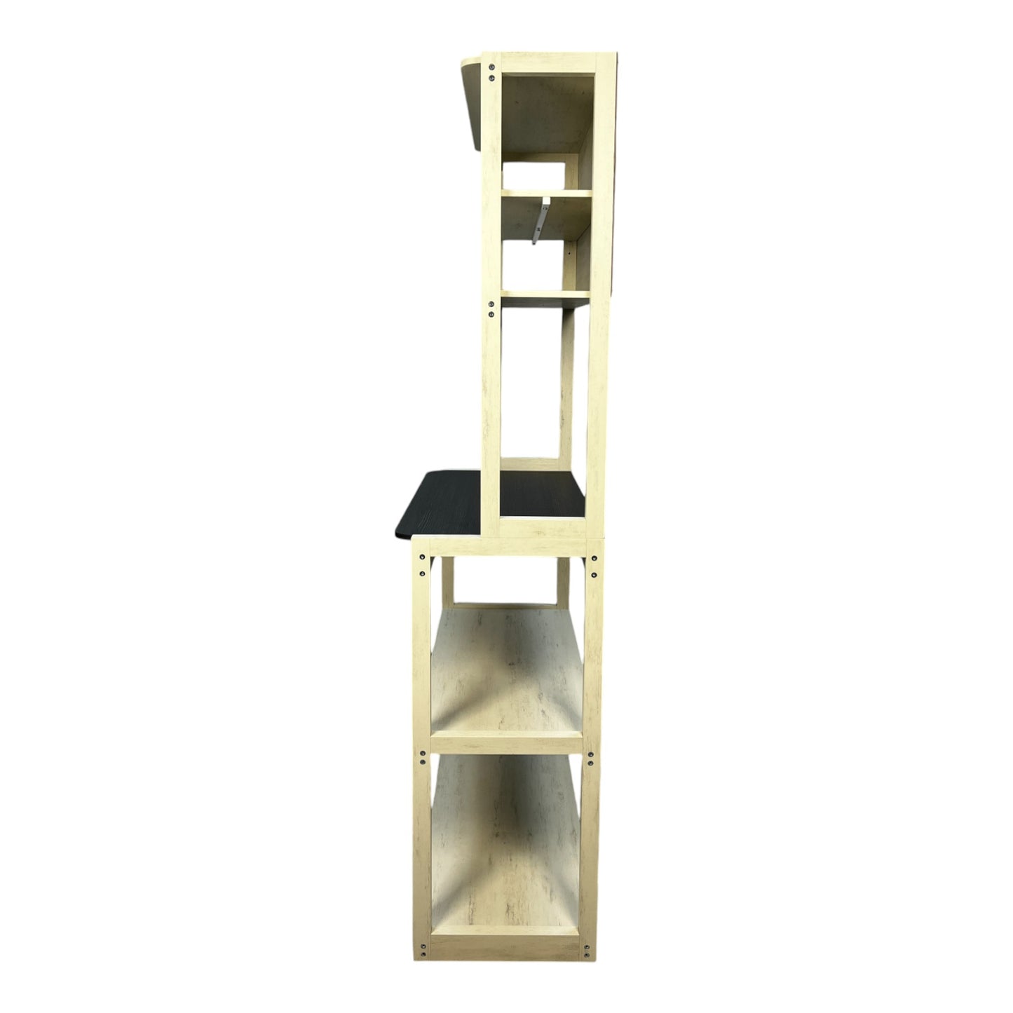 Cream wood bookshelf with open shelves and a dark surface