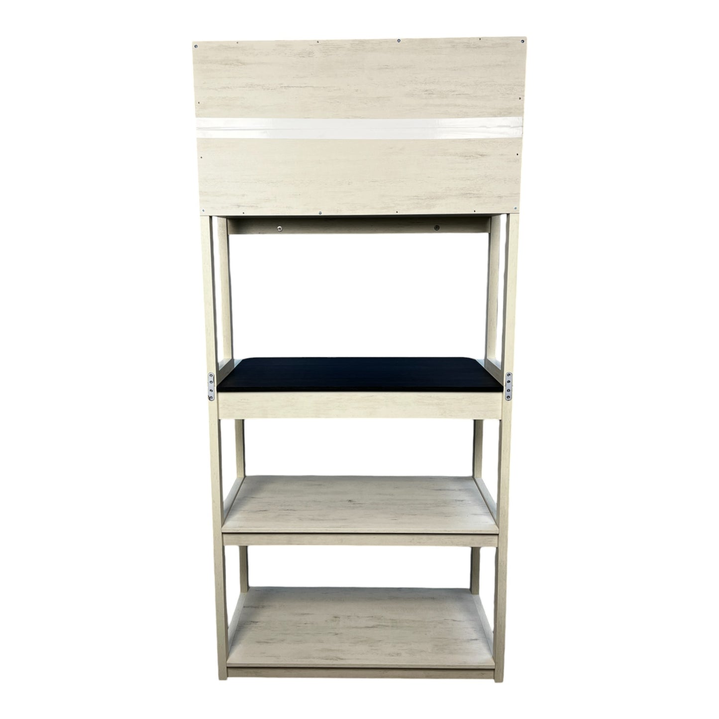 Rustic white wood display shelf with four tiers and a black cushion on the second level