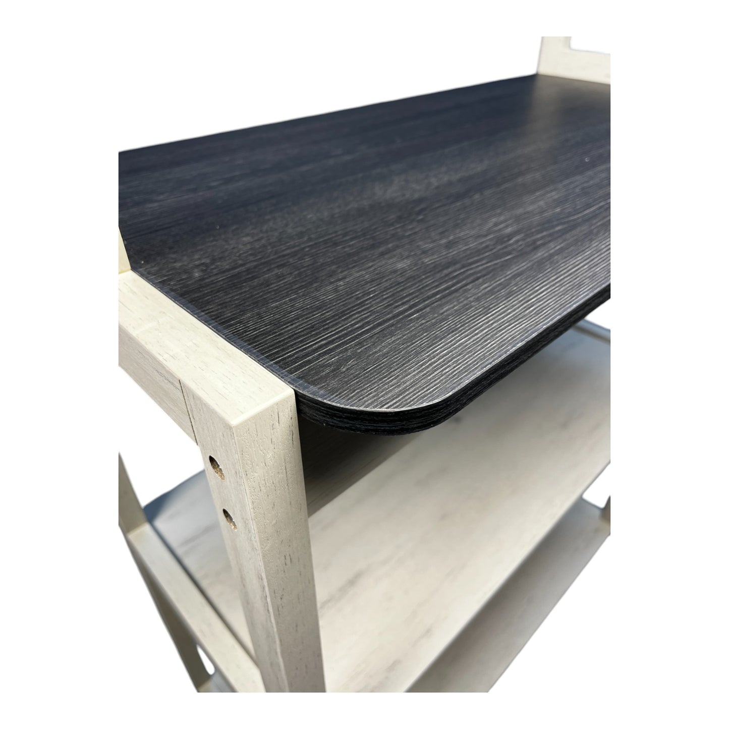 Modern tiered storage shelf with a dark wood grain top and light wood legs