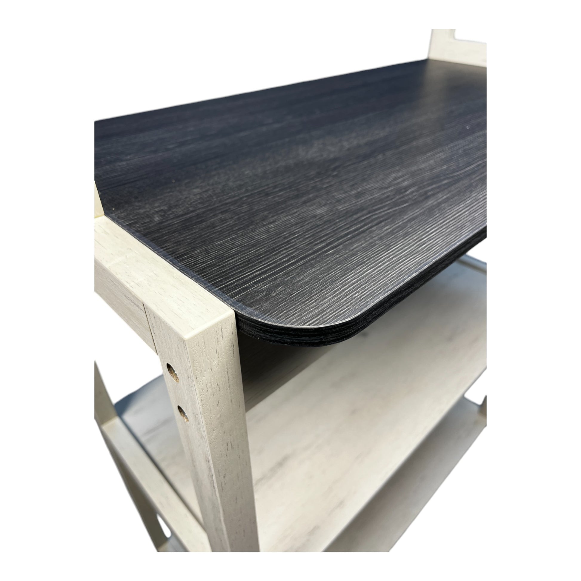Modern tiered storage shelf with a dark wood grain top and light wood legs