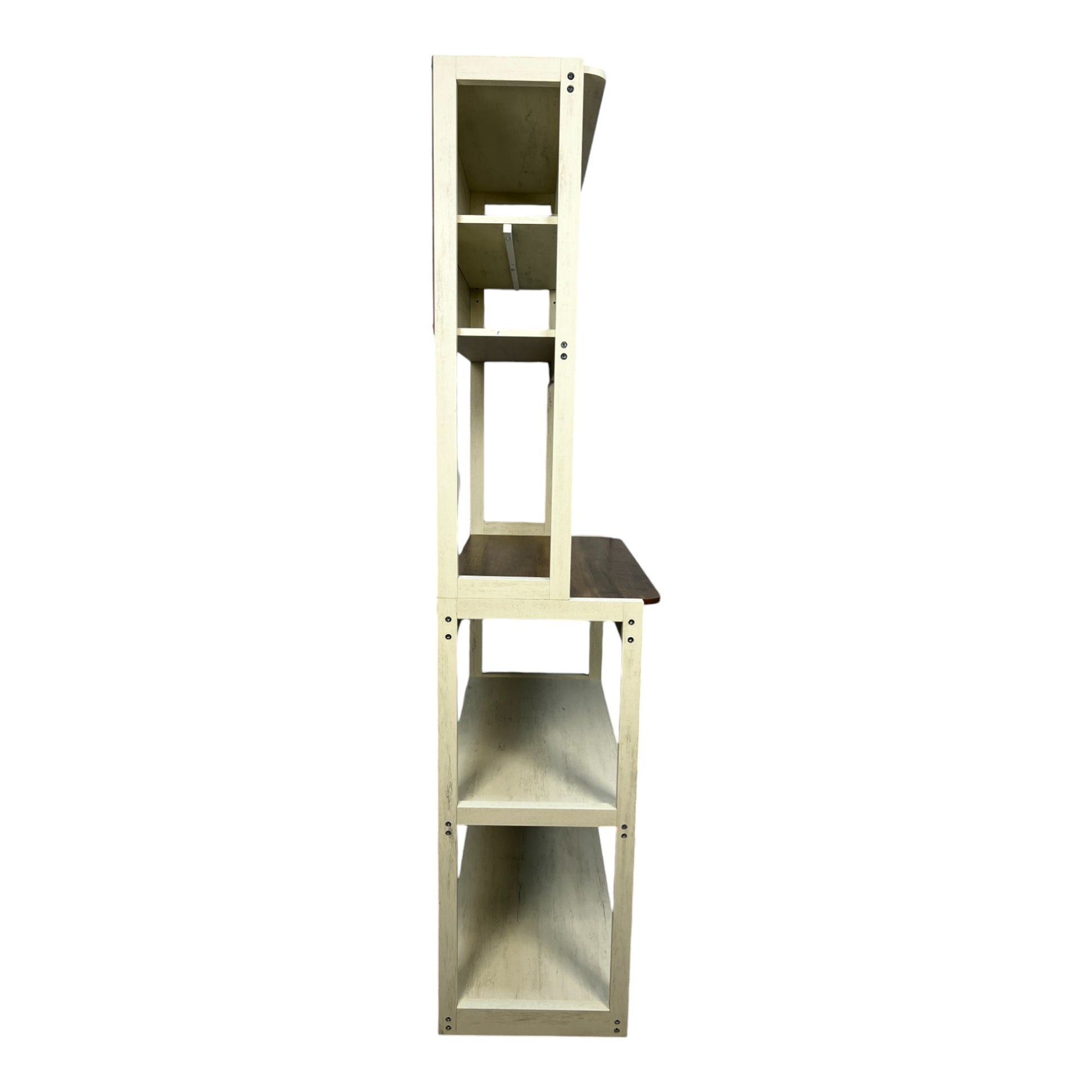 Cream distressed wood bookcase with three open shelves on bottom and two on top