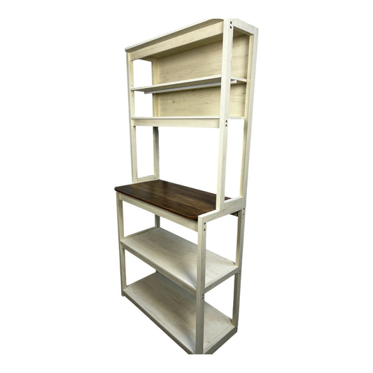 Rustic white wood bakers rack with dark wood countertop and four shelves ideal for kitchen storage